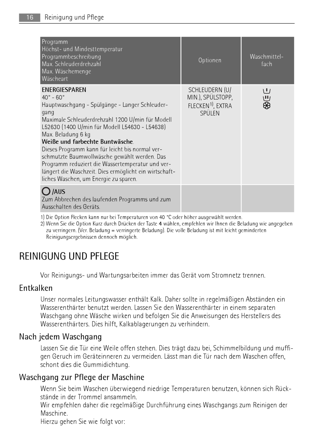 AEG 52630 Reinigung UND Pflege, Entkalken, Nach jedem Waschgang, Waschgang zur Pflege der Maschine, Reinigung und Pflege 