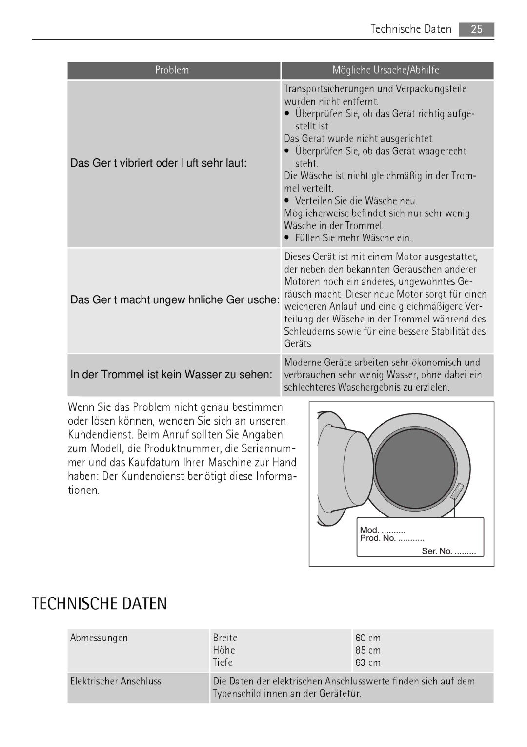 AEG 52630 manual Technische Daten, Das Gerät vibriert oder läuft sehr laut 