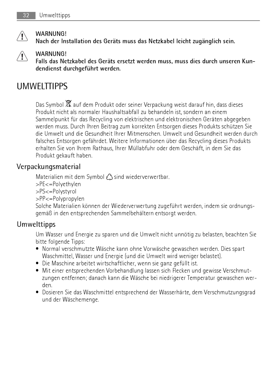 AEG 52630 manual Umwelttipps, Verpackungsmaterial 