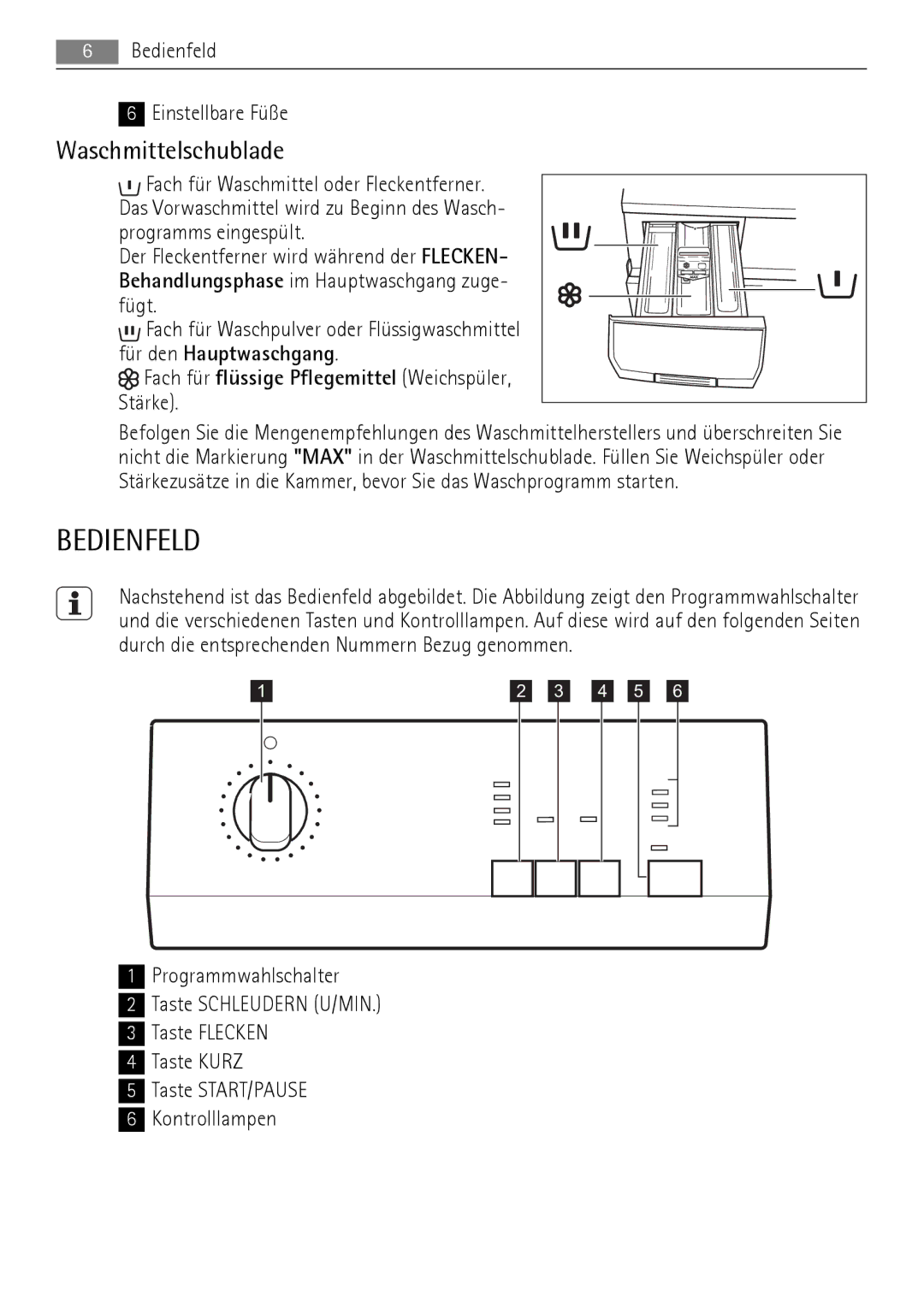 AEG 52630 manual Waschmittelschublade, Bedienfeld Einstellbare Füße 