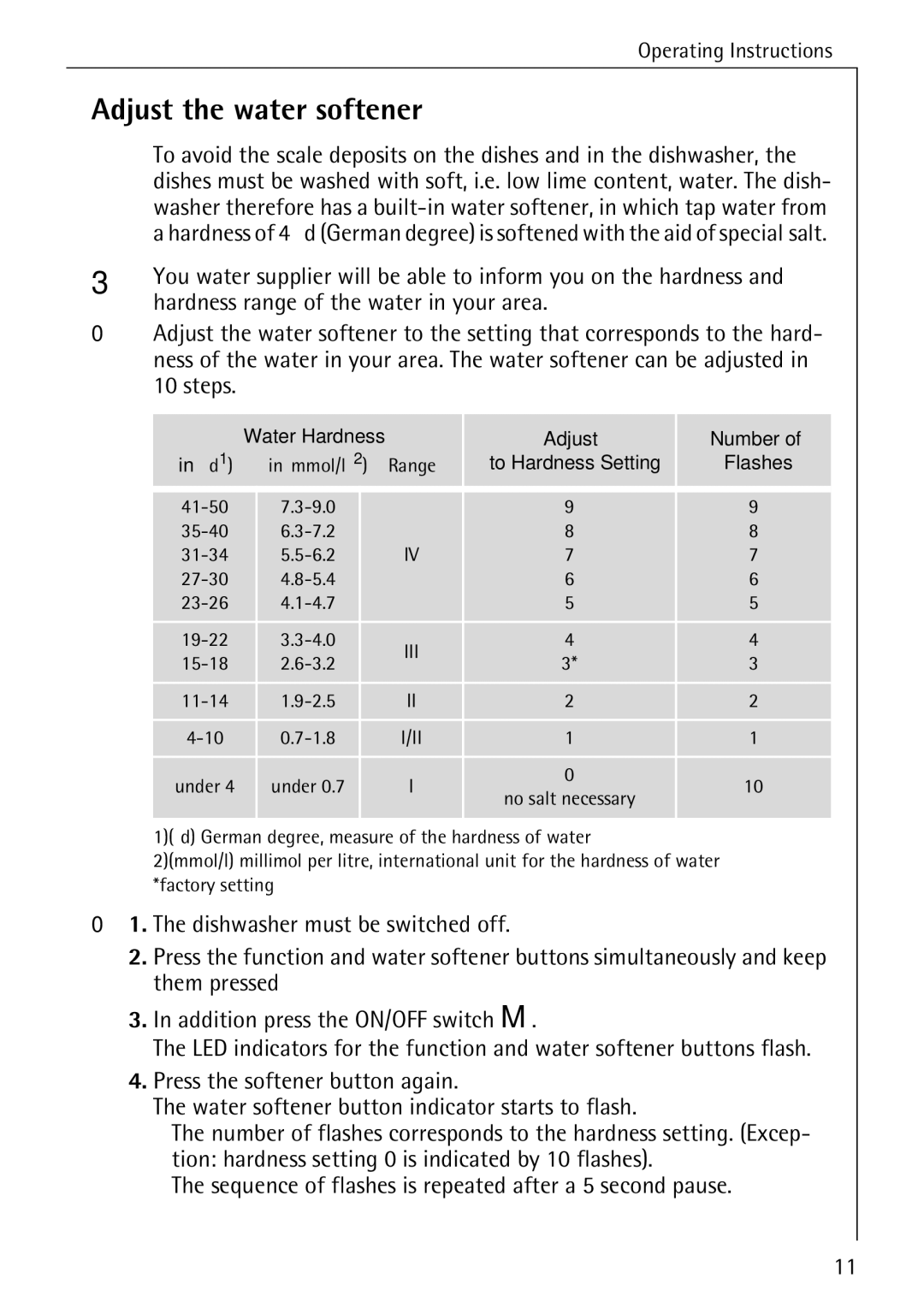 AEG 5270 I manual Adjust the water softener, Hardness range of the water in your area, Adjust Number 