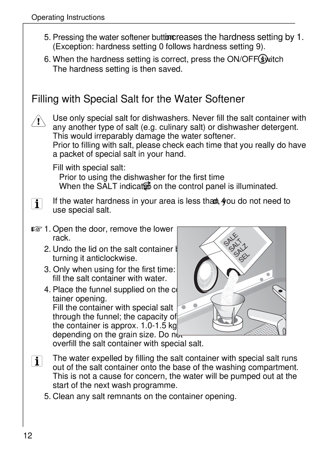 AEG 5270 I manual Filling with Special Salt for the Water Softener, Fill with special salt, Use special salt 