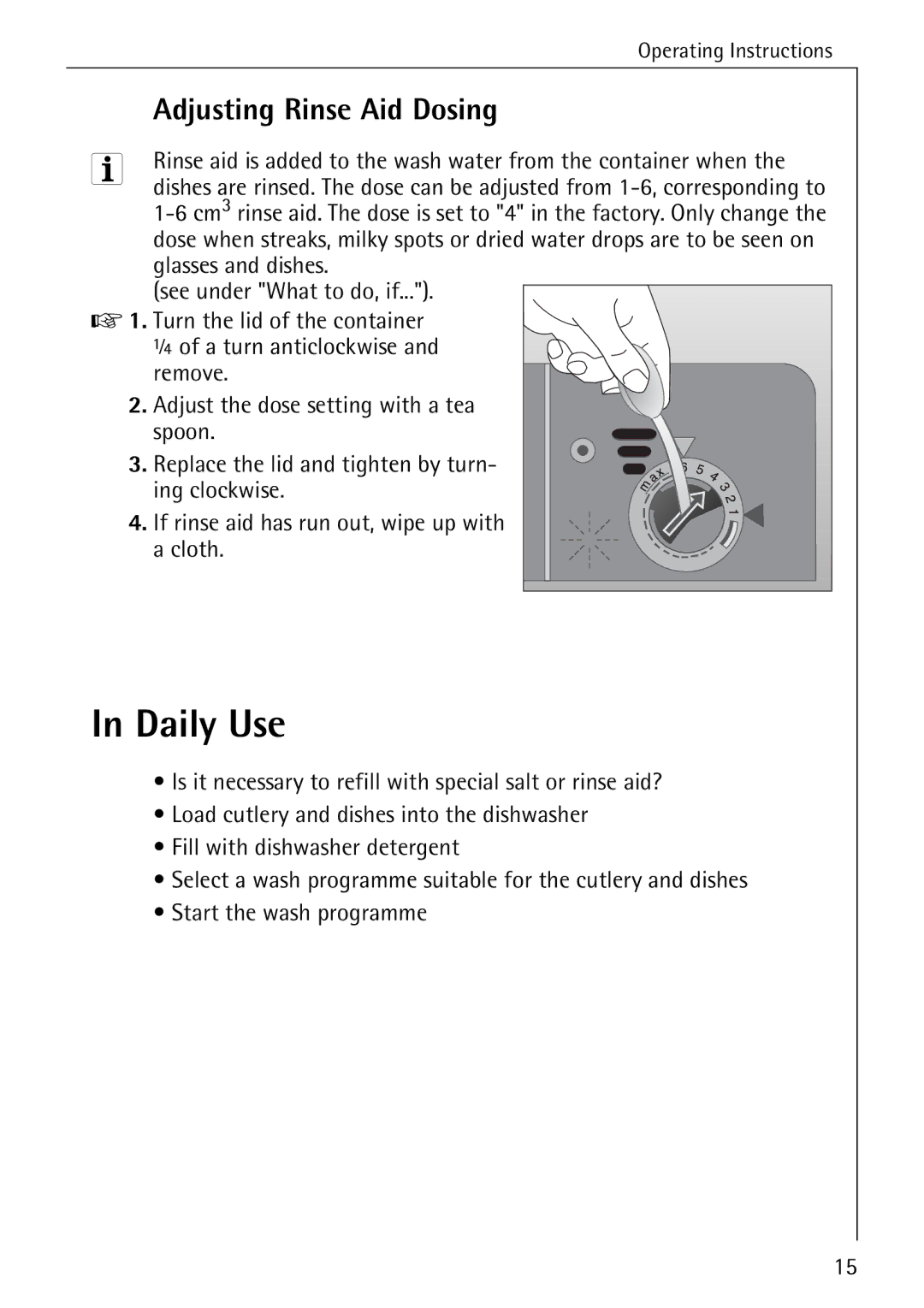 AEG 5270 I manual Daily Use, Adjusting Rinse Aid Dosing 