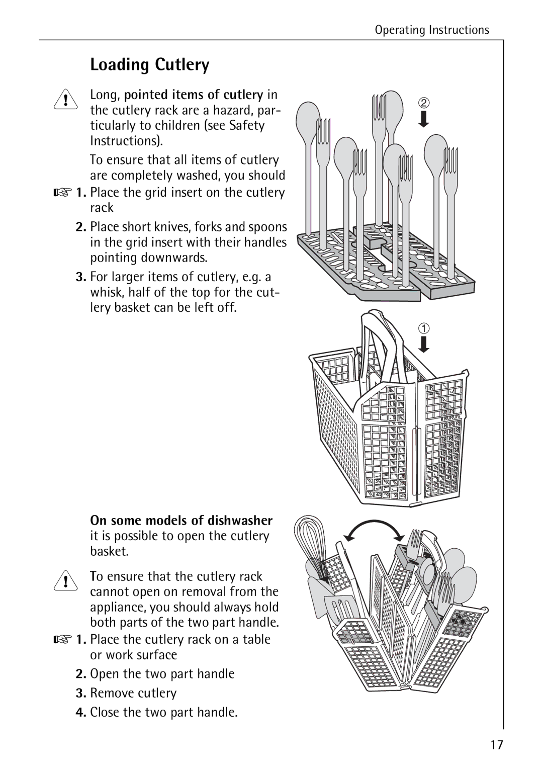 AEG 5270 I manual Loading Cutlery, Ticularly to children see Safety Instructions, Place the grid insert on the cutlery rack 