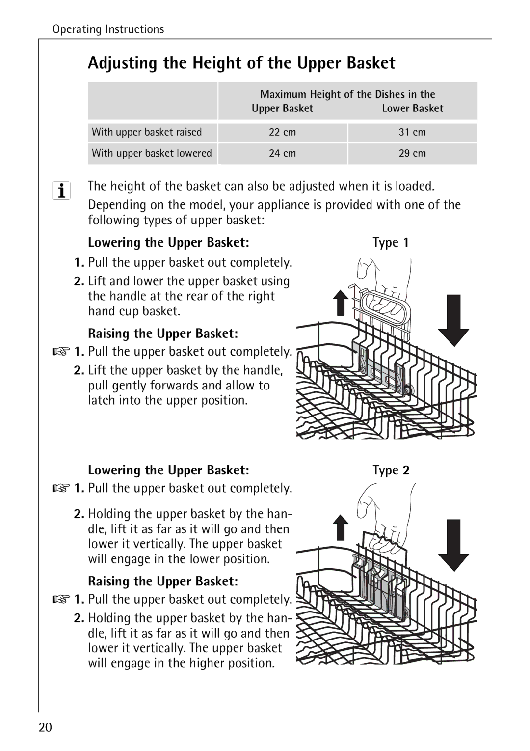 AEG 5270 I manual Adjusting the Height of the Upper Basket, Lowering the Upper Basket, Raising the Upper Basket 