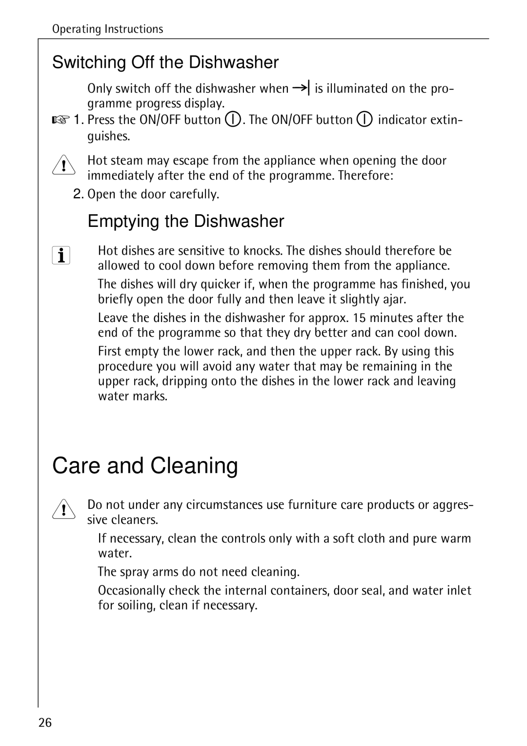 AEG 5270 I manual Care and Cleaning, Switching Off the Dishwasher, Emptying the Dishwasher 