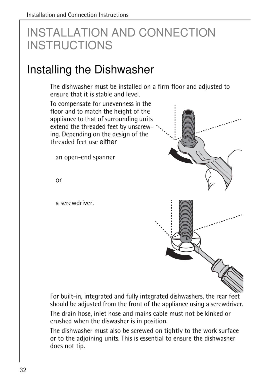 AEG 5270 I manual Installing the Dishwasher, An open-end spanner Screwdriver 