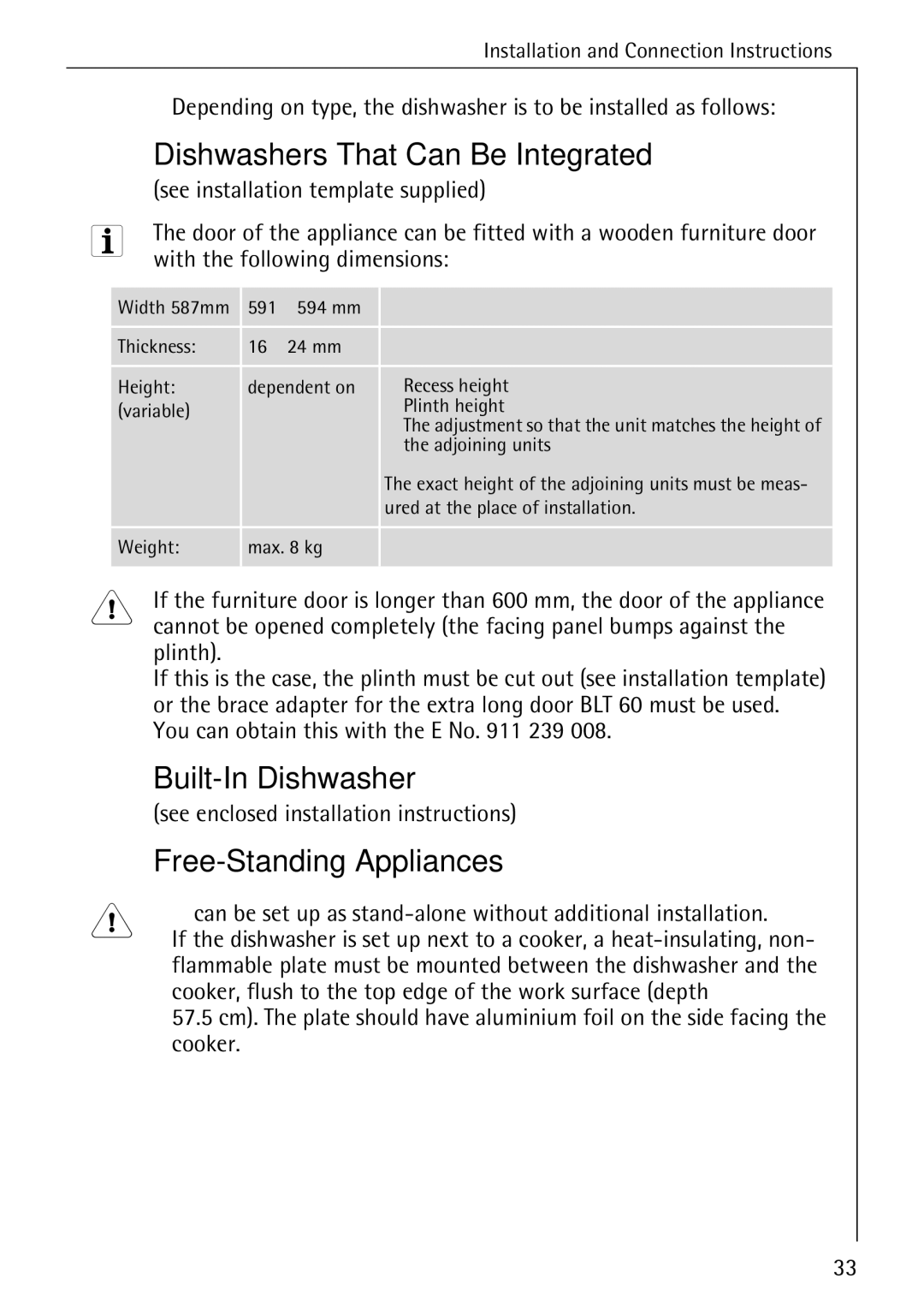 AEG 5270 I manual Dishwashers That Can Be Integrated, Built-In Dishwasher, Free-Standing Appliances 