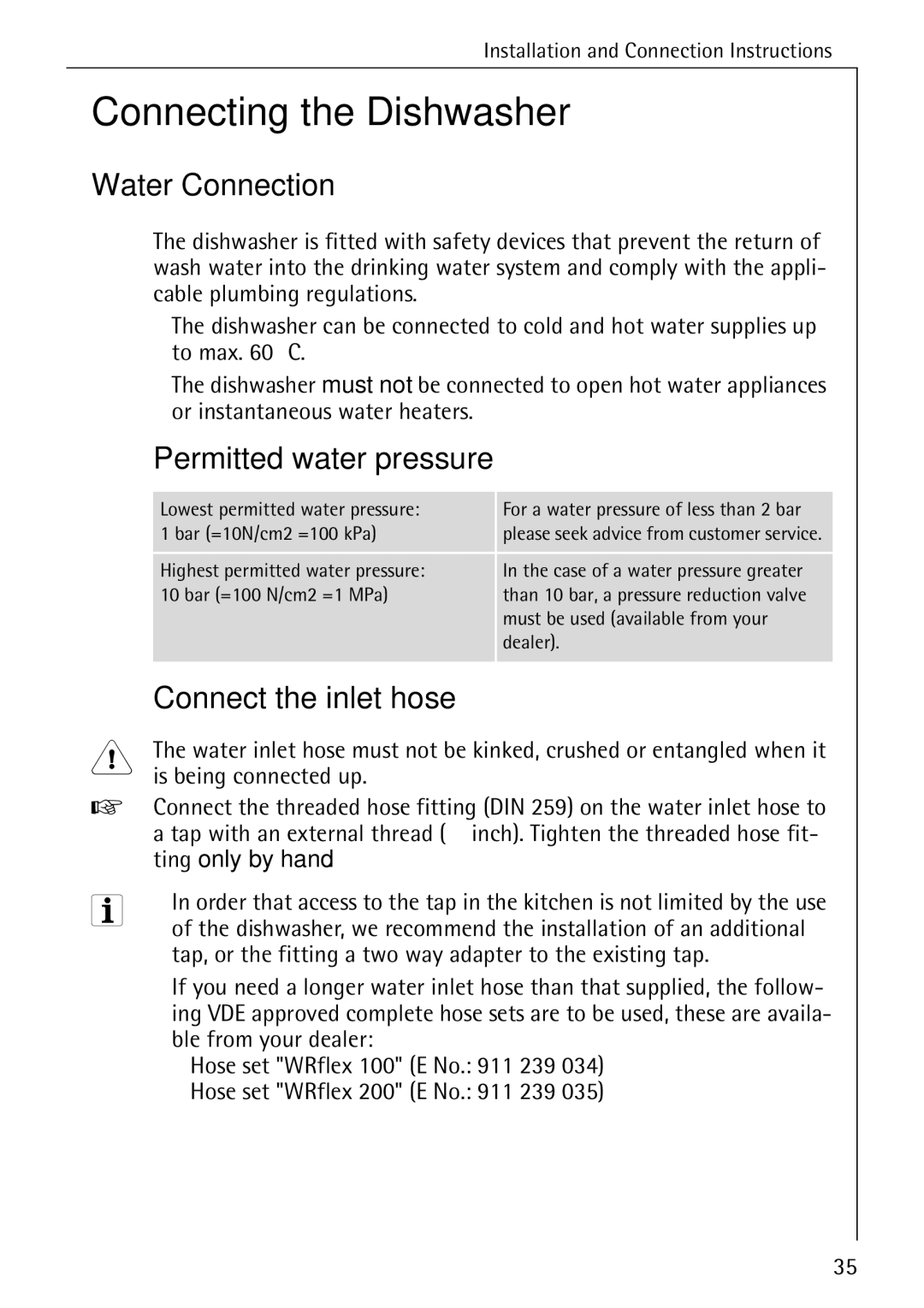 AEG 5270 I manual Connecting the Dishwasher, Water Connection, Permitted water pressure, Connect the inlet hose 