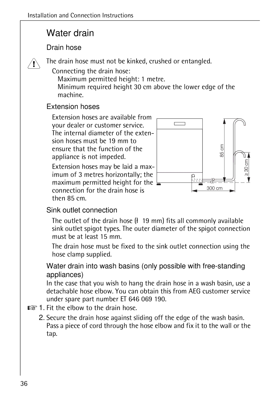 AEG 5270 I manual Water drain, Drain hose, Extension hoses are available from, Sink outlet connection 