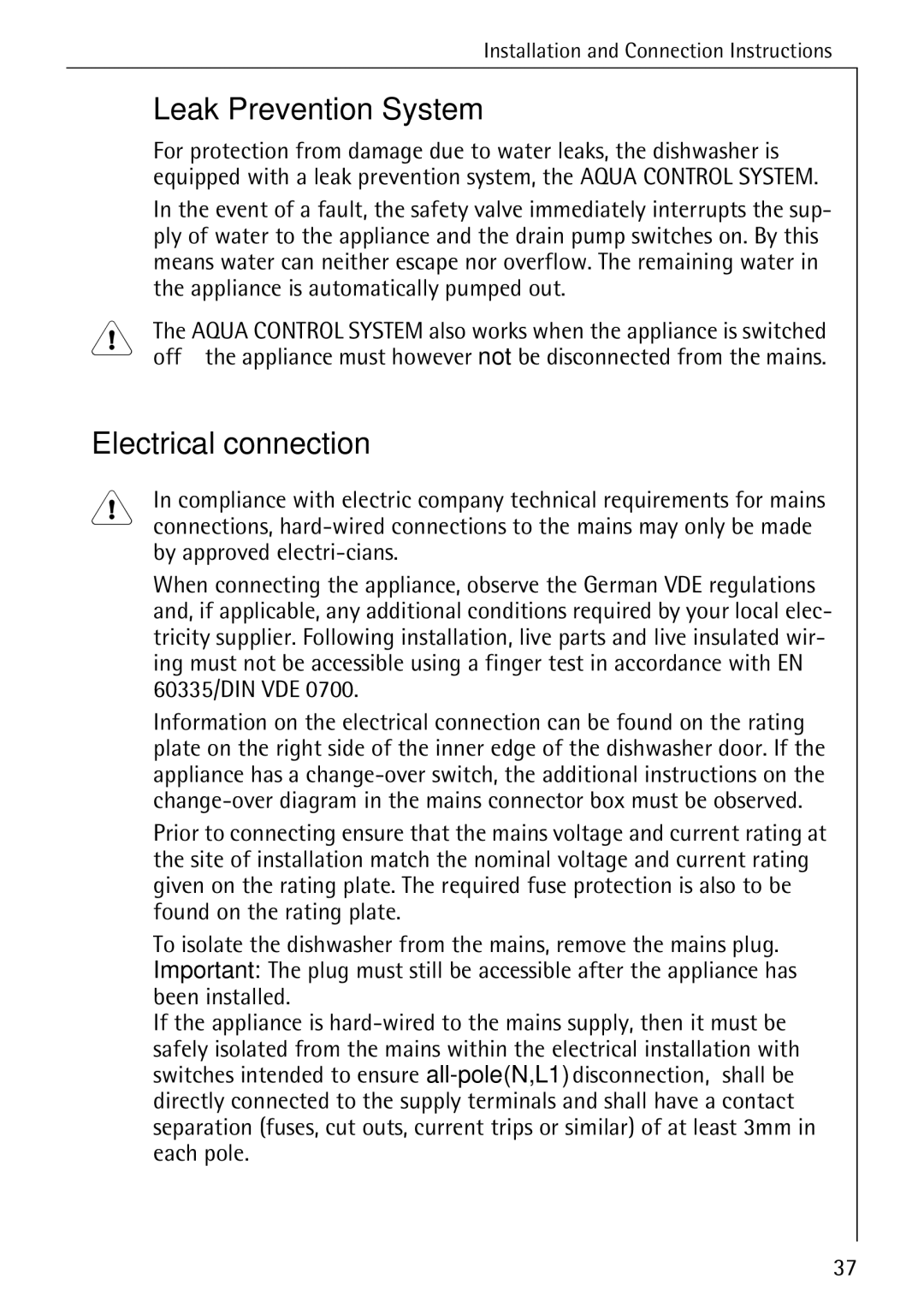 AEG 5270 I manual Leak Prevention System, Electrical connection, Appliance is automatically pumped out 