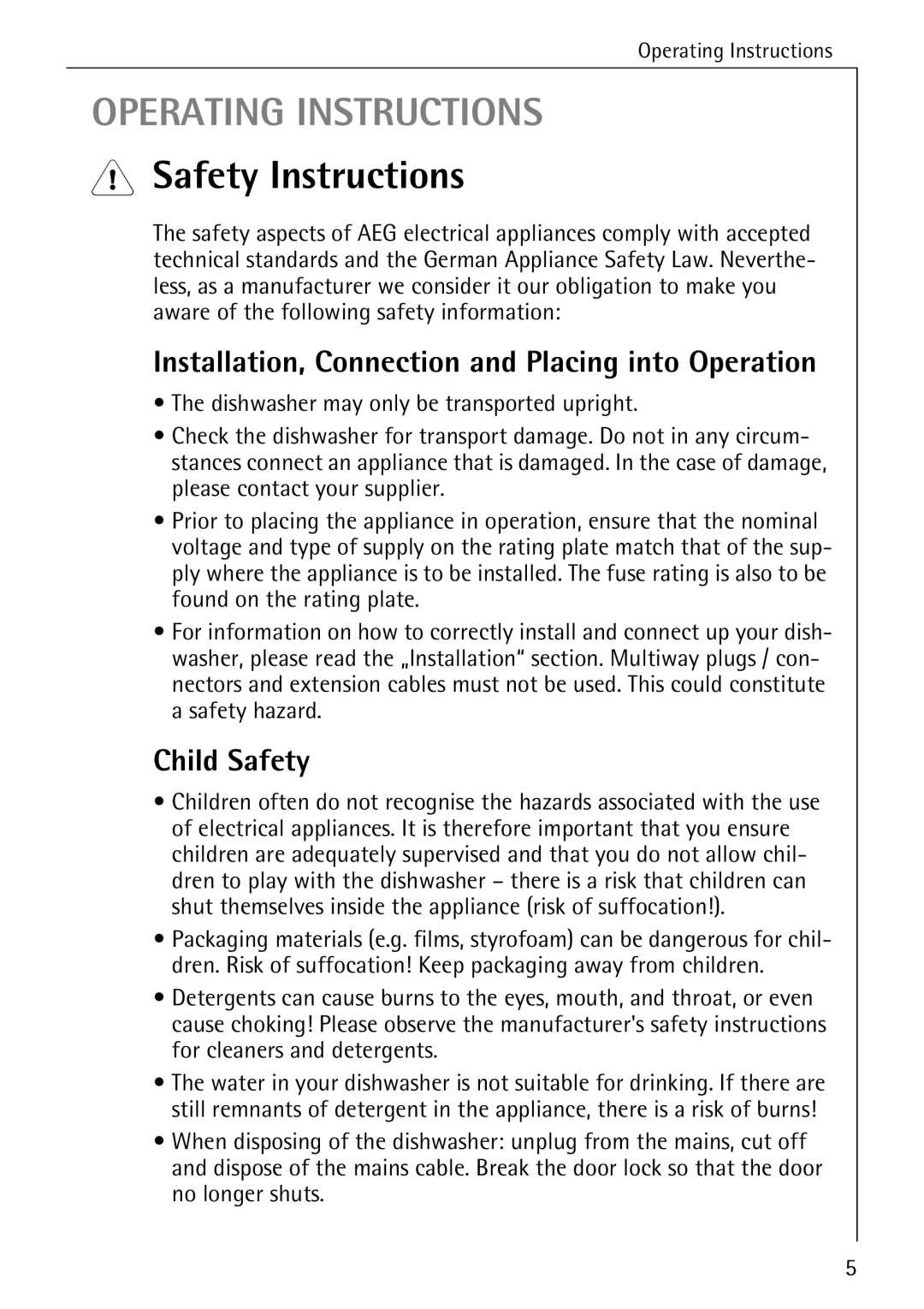 AEG 5270 I manual Safety Instructions, Installation, Connection and Placing into Operation, Child Safety 