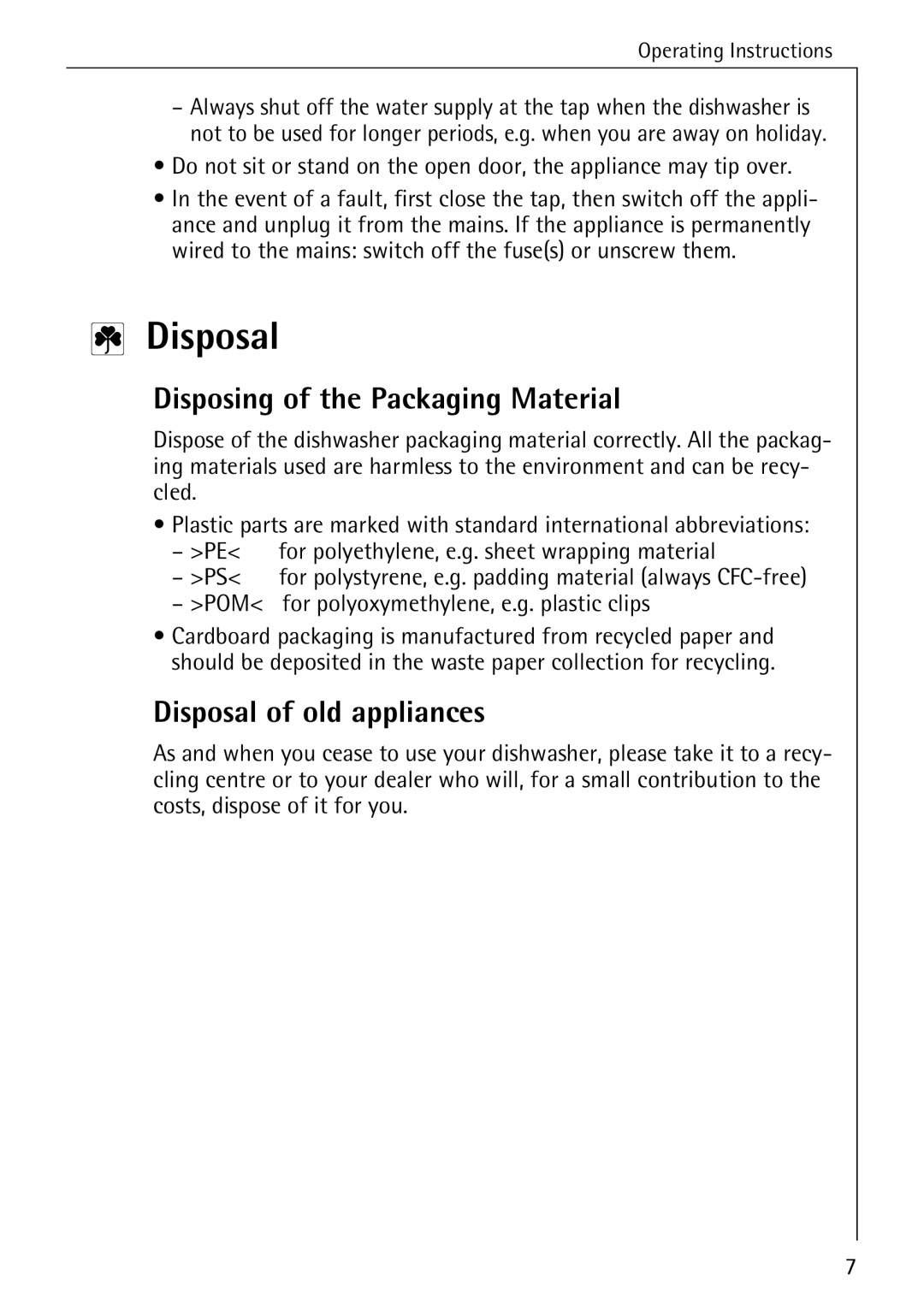 AEG 5270 I manual Disposing of the Packaging Material, Disposal of old appliances 