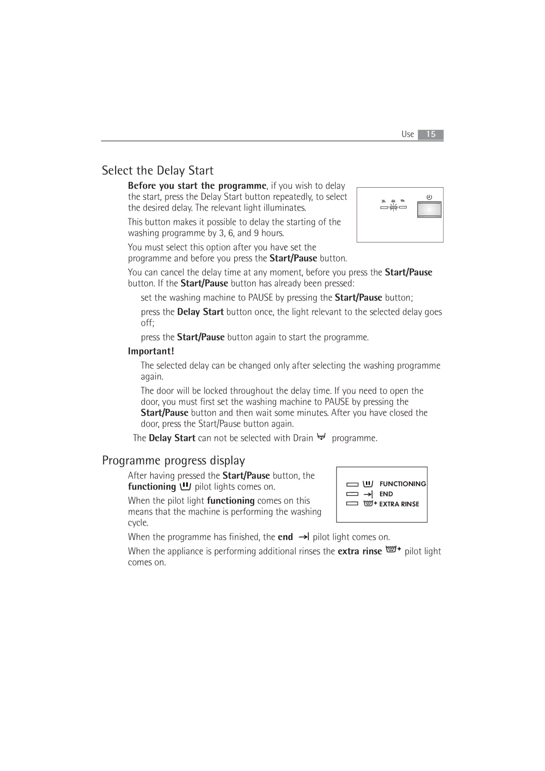 AEG 52840 manual Select the Delay Start, Programme progress display, Desired delay. The relevant light illuminates 