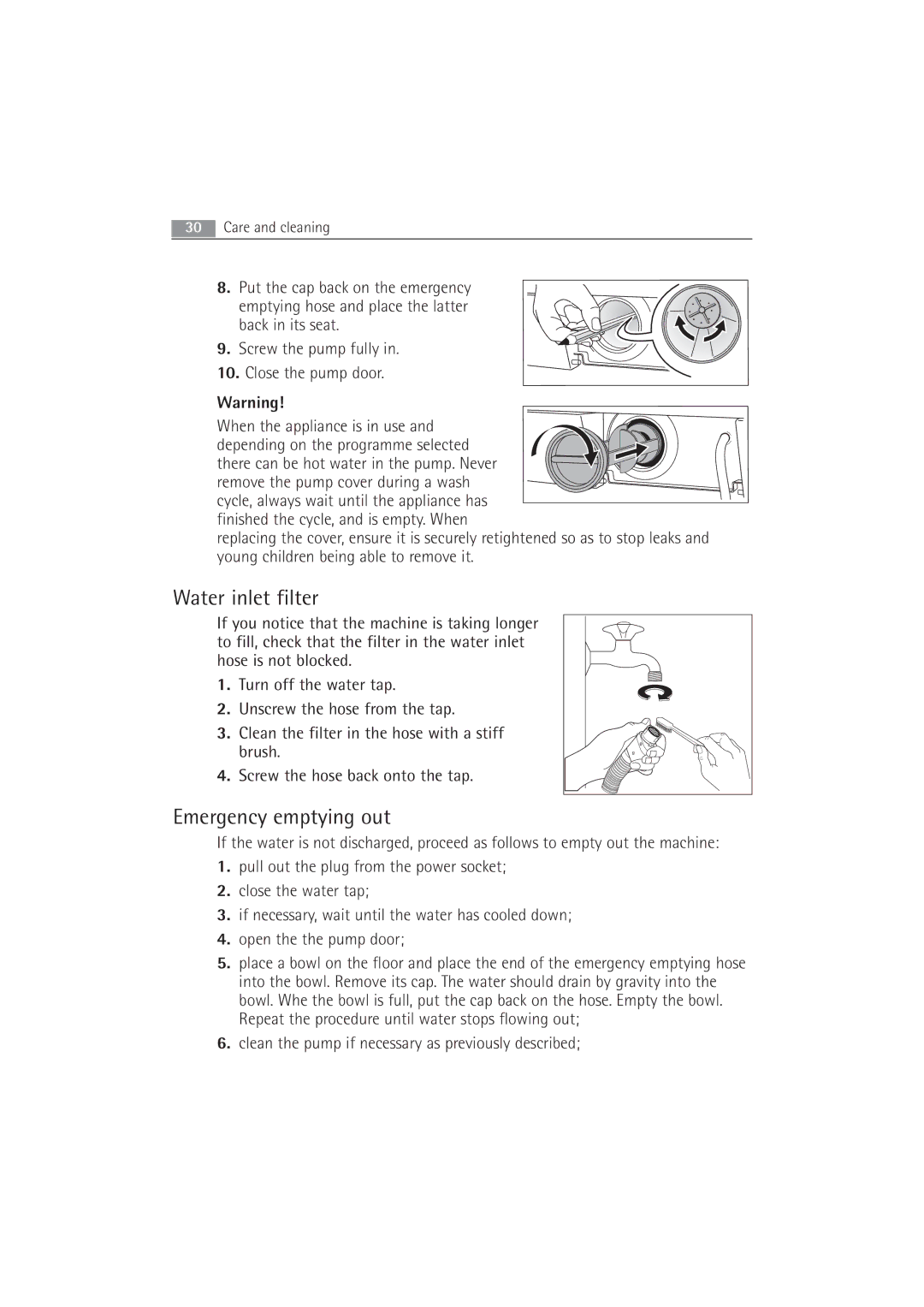 AEG 52840 manual Water inlet filter, Emergency emptying out, Clean the pump if necessary as previously described 