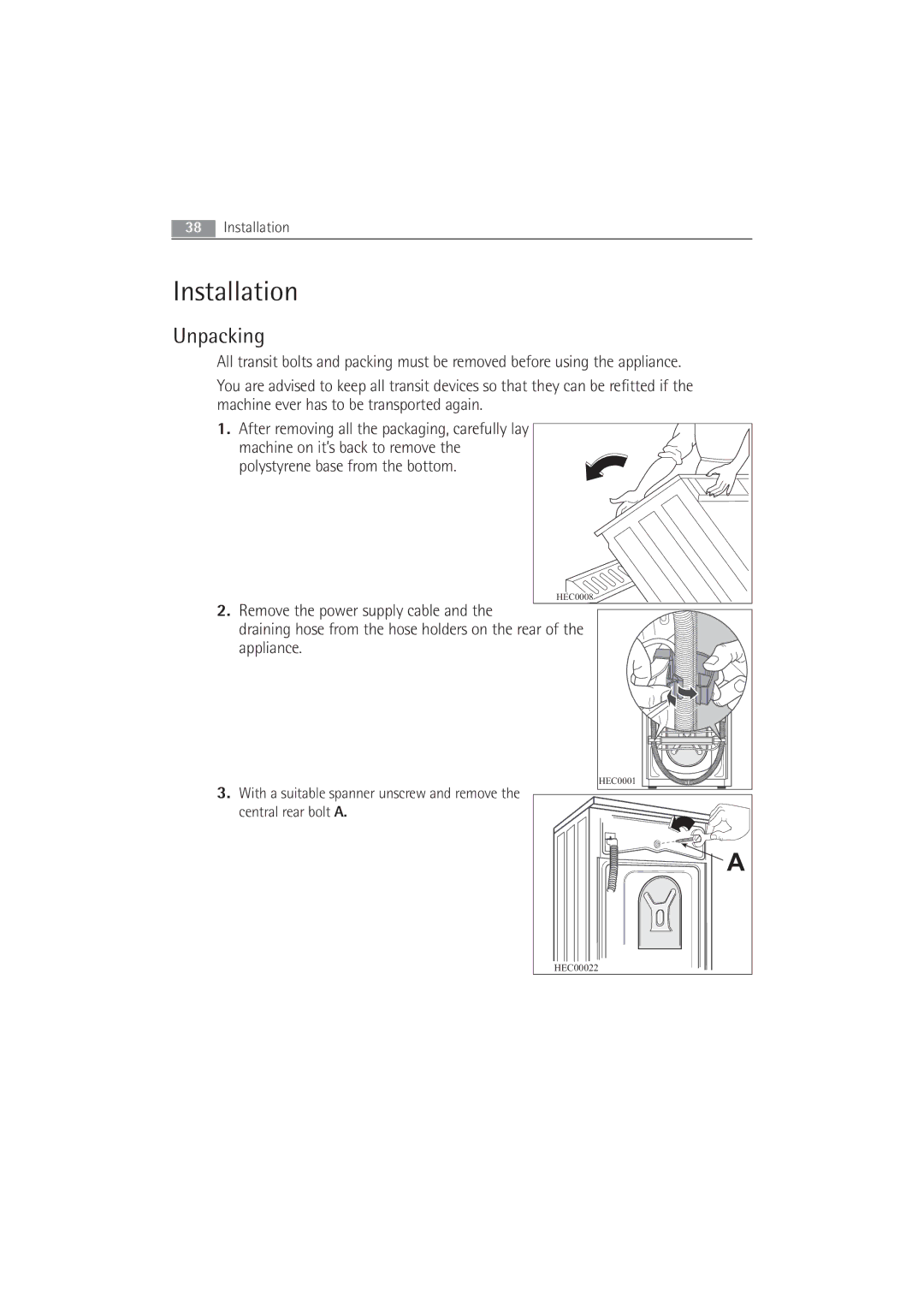 AEG 52840 manual Installation, Unpacking, Polystyrene base from the bottom 