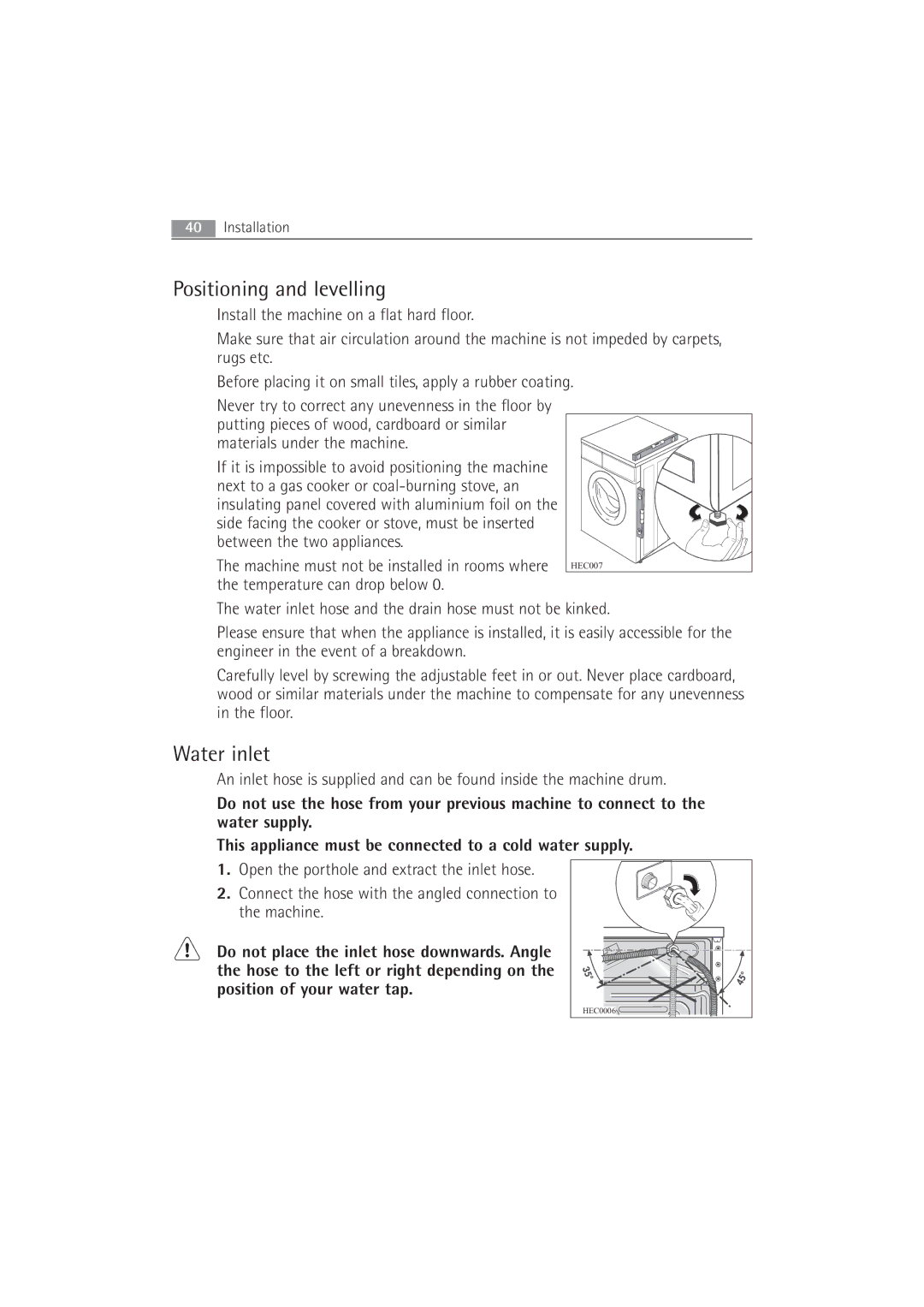 AEG 52840 manual Positioning and levelling, Water inlet, Connect the hose with the angled connection to the machine 