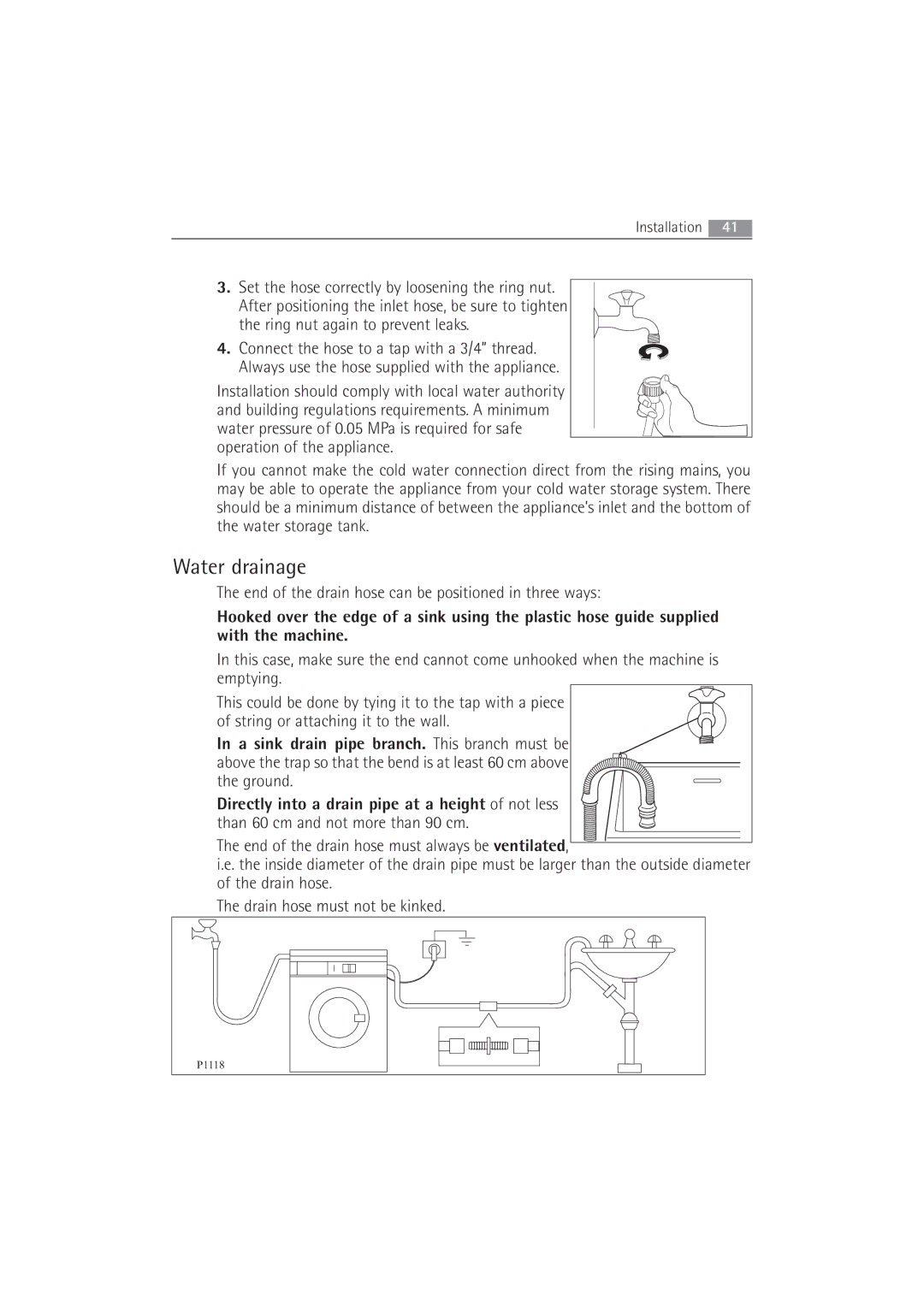 AEG 52840 manual Water drainage, End of the drain hose can be positioned in three ways 