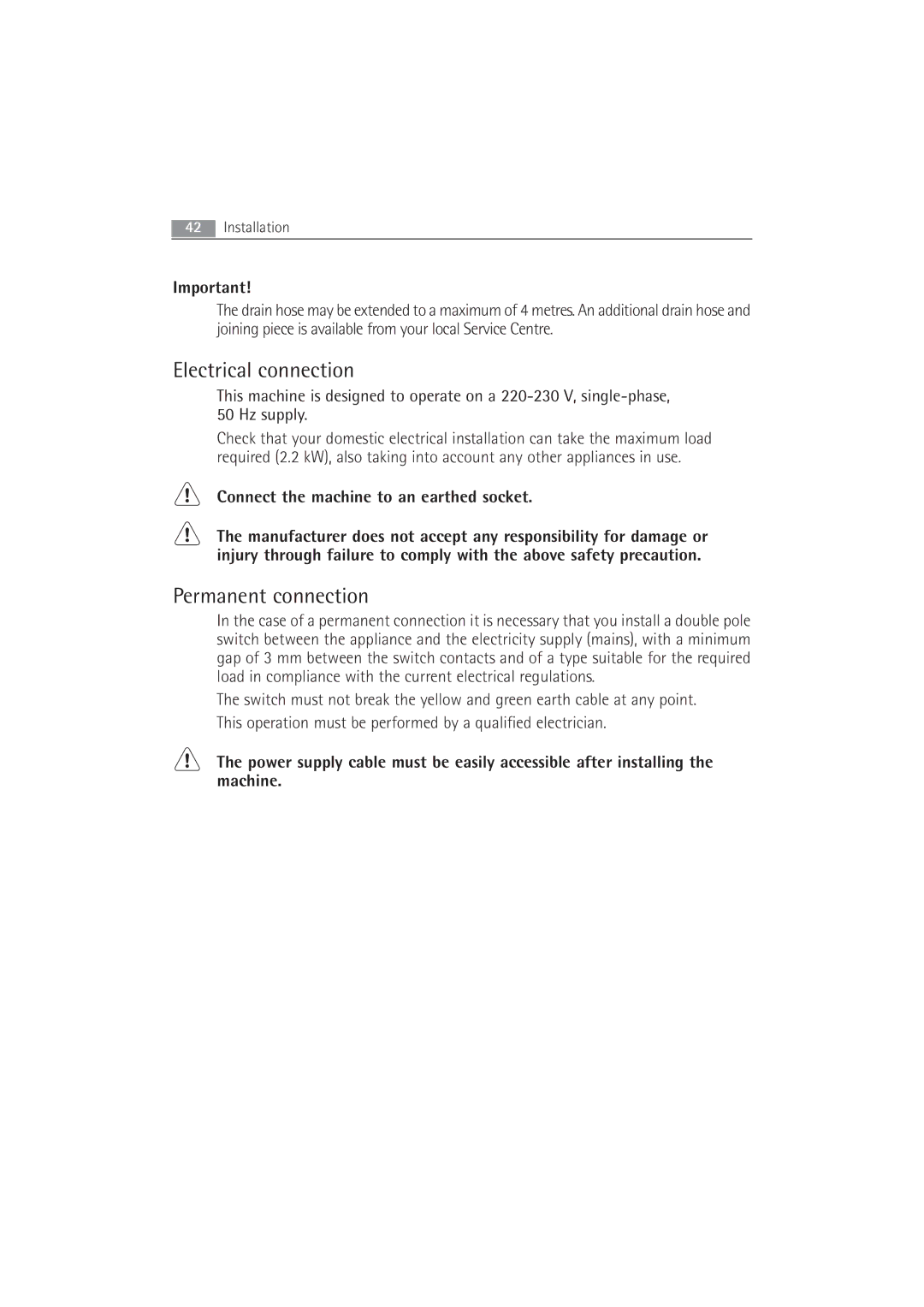 AEG 52840 manual Electrical connection, Permanent connection 