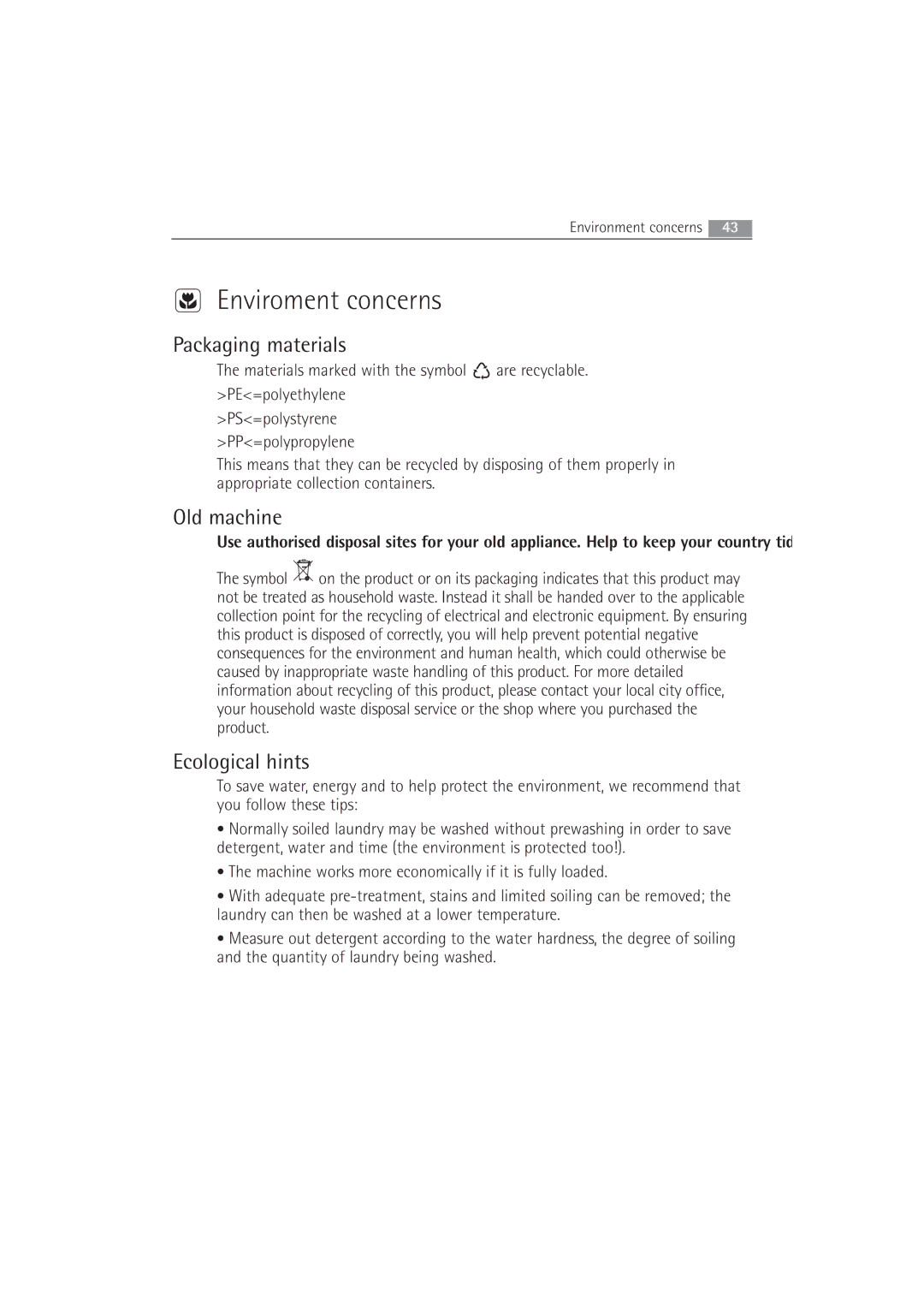 AEG 52840 manual Enviroment concerns, Packaging materials, Old machine, Ecological hints 