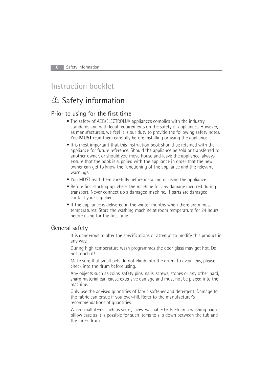 AEG 52840 manual Safety information, Prior to using for the first time, General safety 