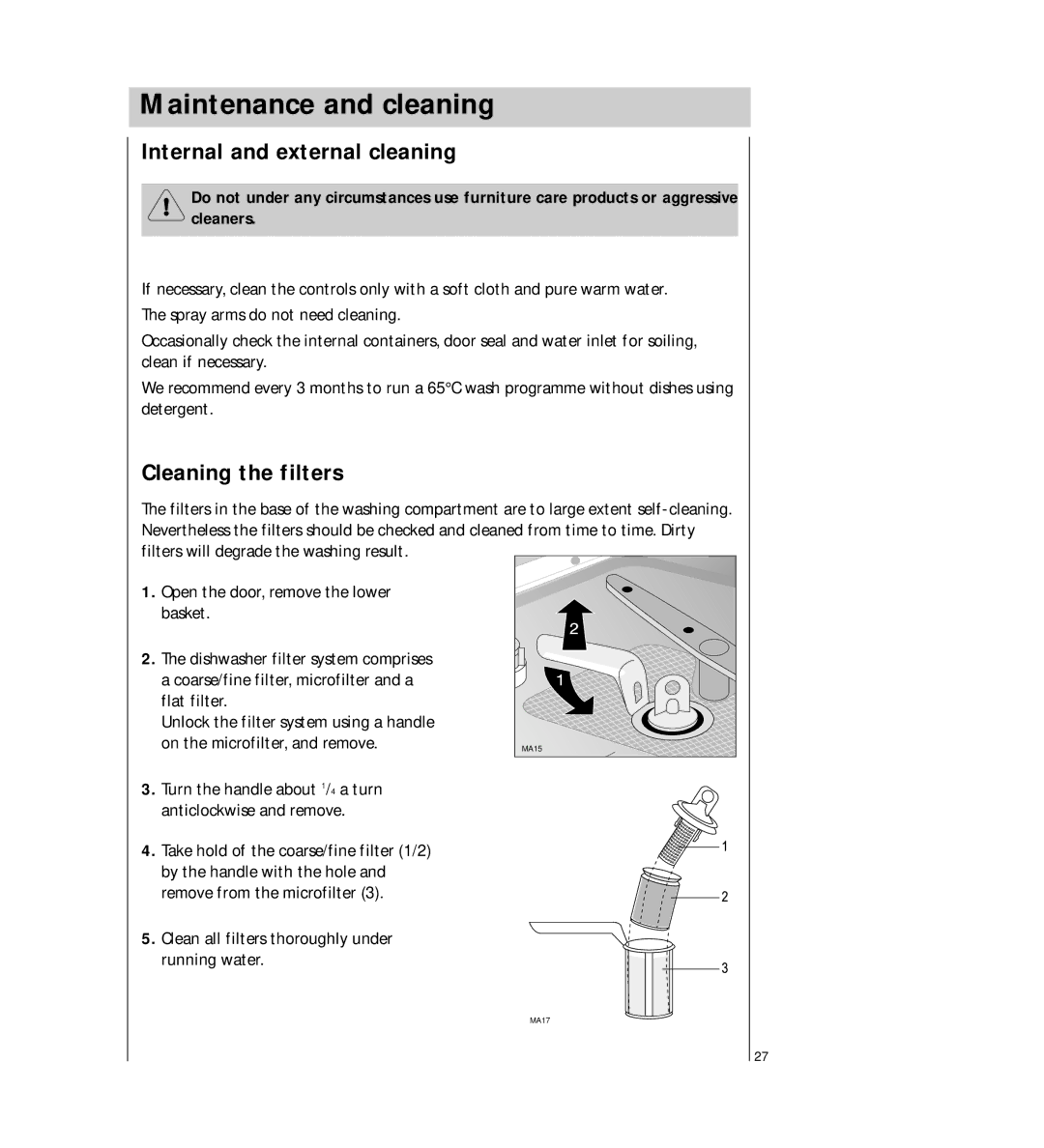 AEG 54710 operating instructions Maintenance and cleaning, Internal and external cleaning, Cleaning the filters 