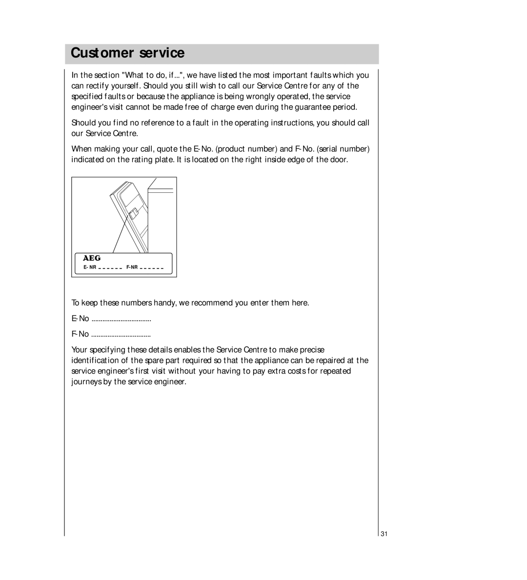 AEG 54710 operating instructions Customer service 