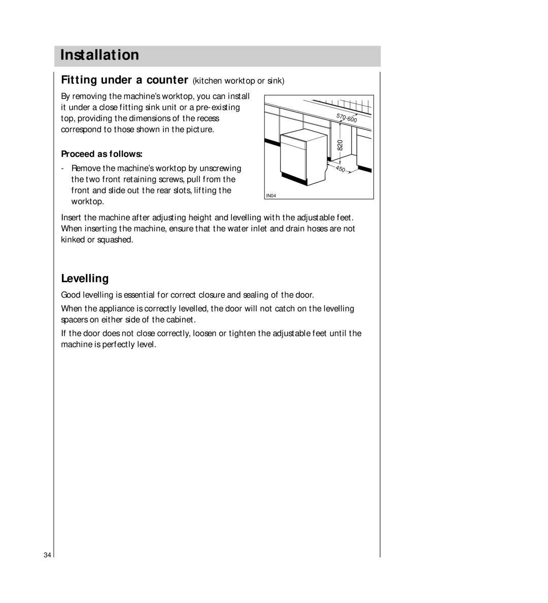 AEG 54710 operating instructions Installation, Levelling 