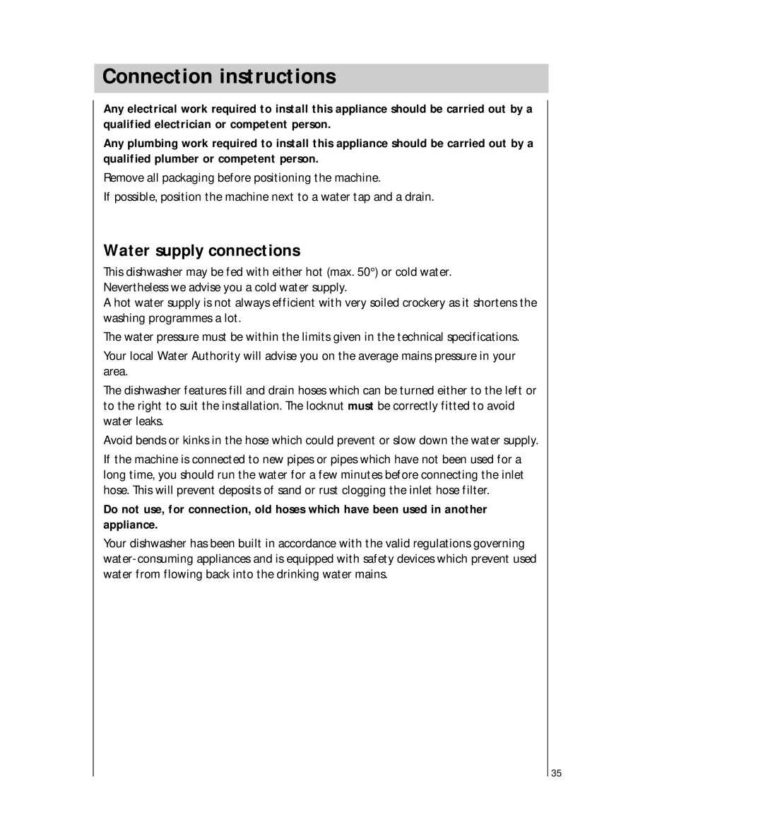 AEG 54710 operating instructions Connection instructions, Water supply connections 