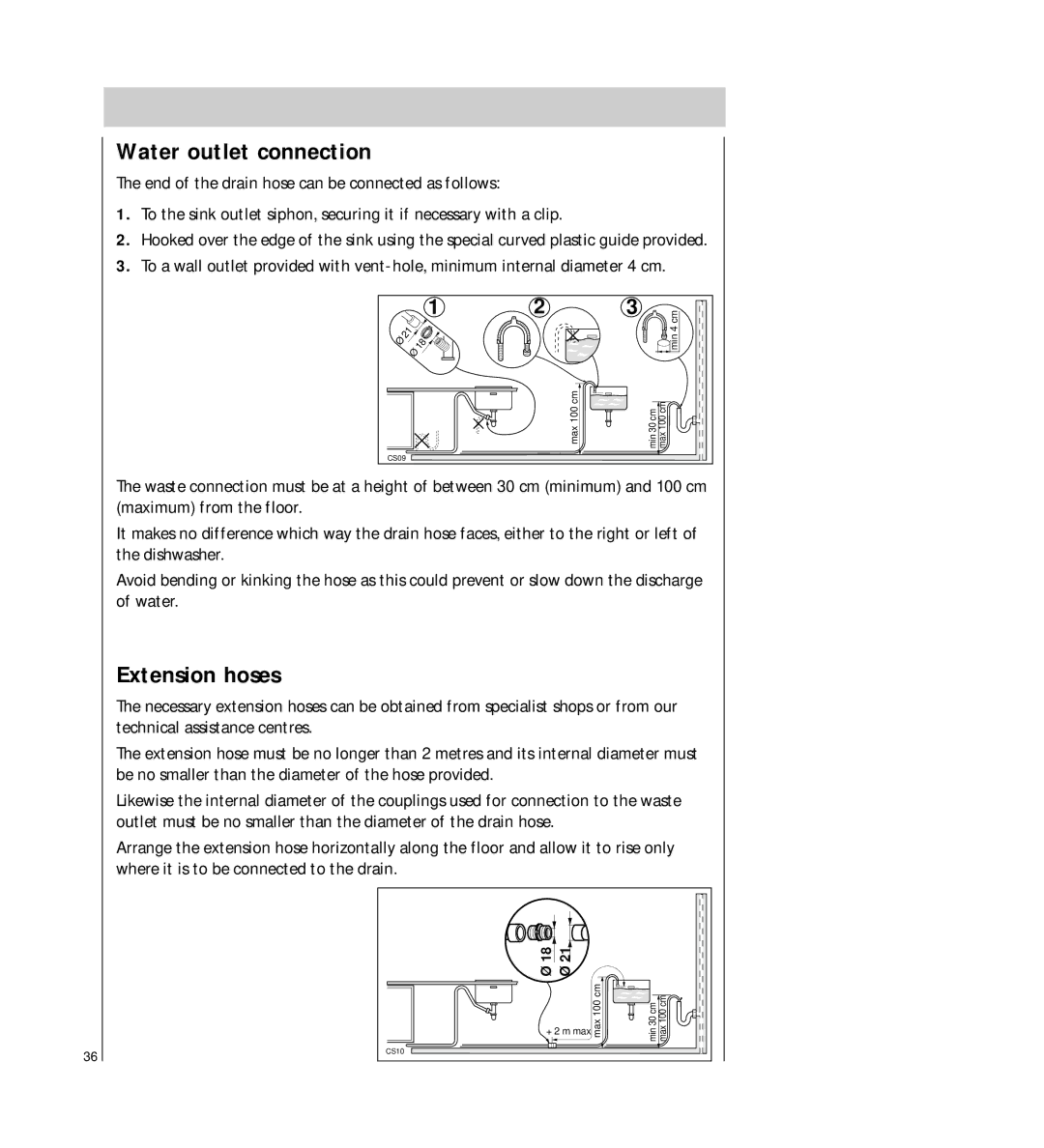 AEG 54710 operating instructions Water outlet connection, Extension hoses 