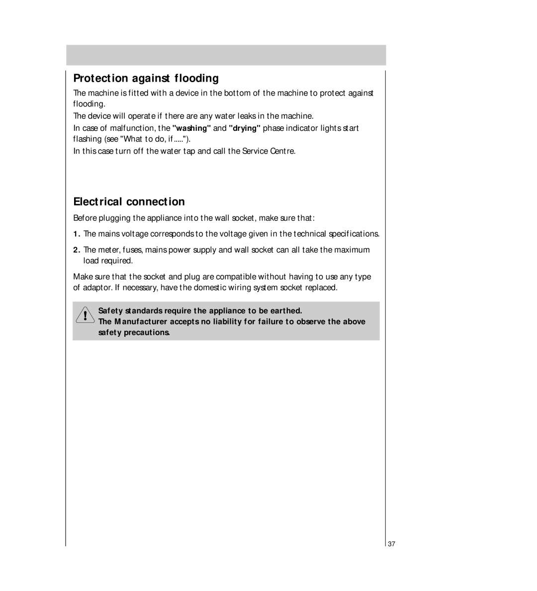 AEG 54710 operating instructions Protection against flooding, Electrical connection 