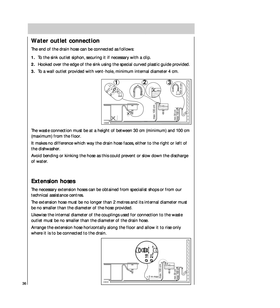 AEG 54710 operating instructions Water outlet connection, Extension hoses 