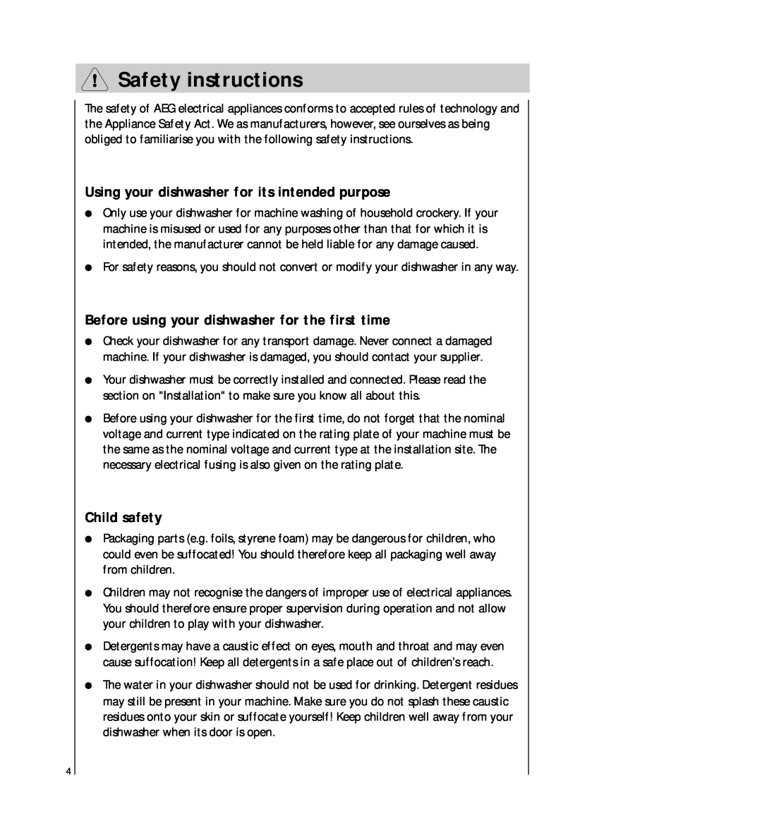 AEG 54710 operating instructions Safety instructions, Using your dishwasher for its intended purpose, Child safety 