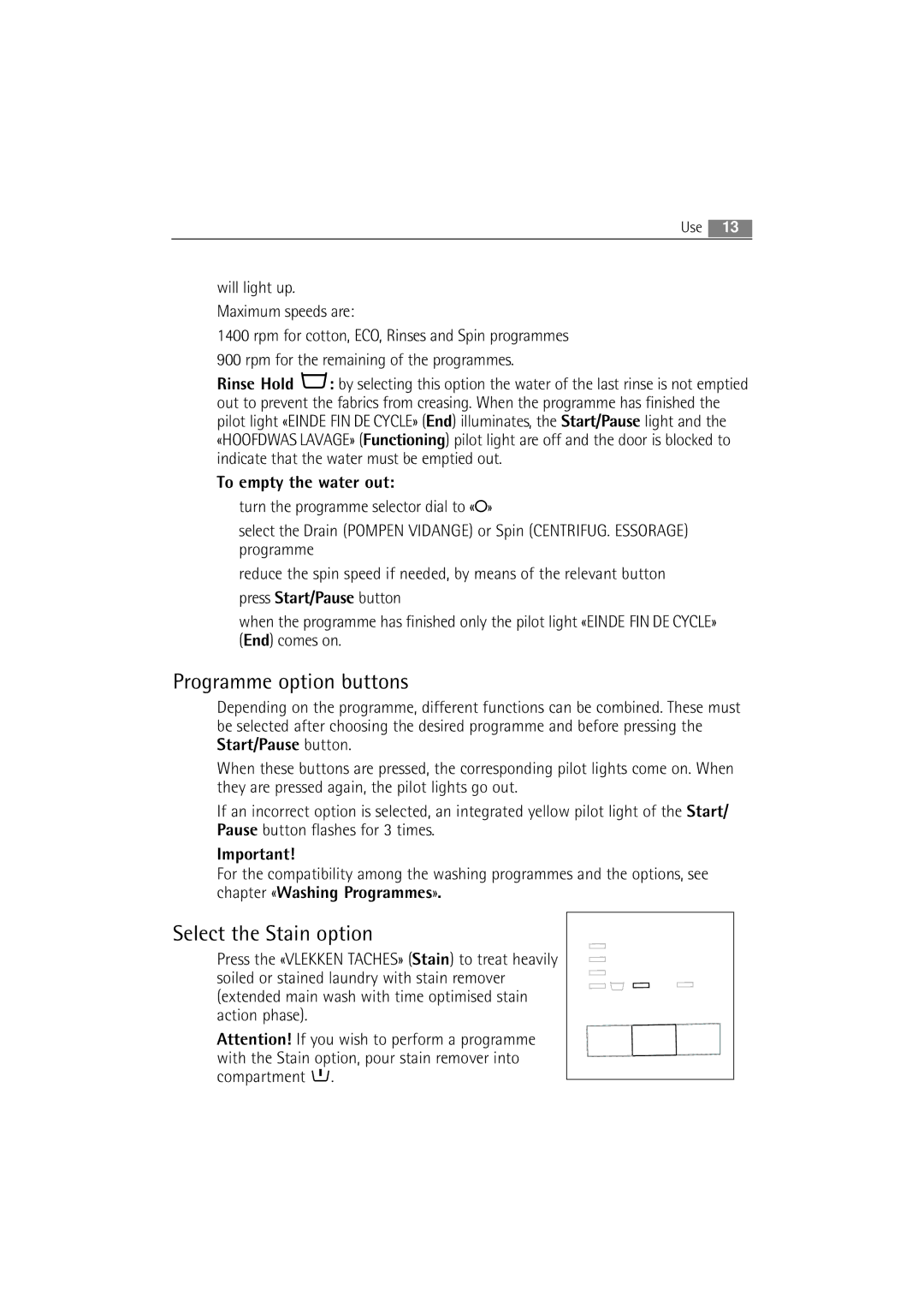 AEG 54840 manual Programme option buttons, Select the Stain option, To empty the water out 