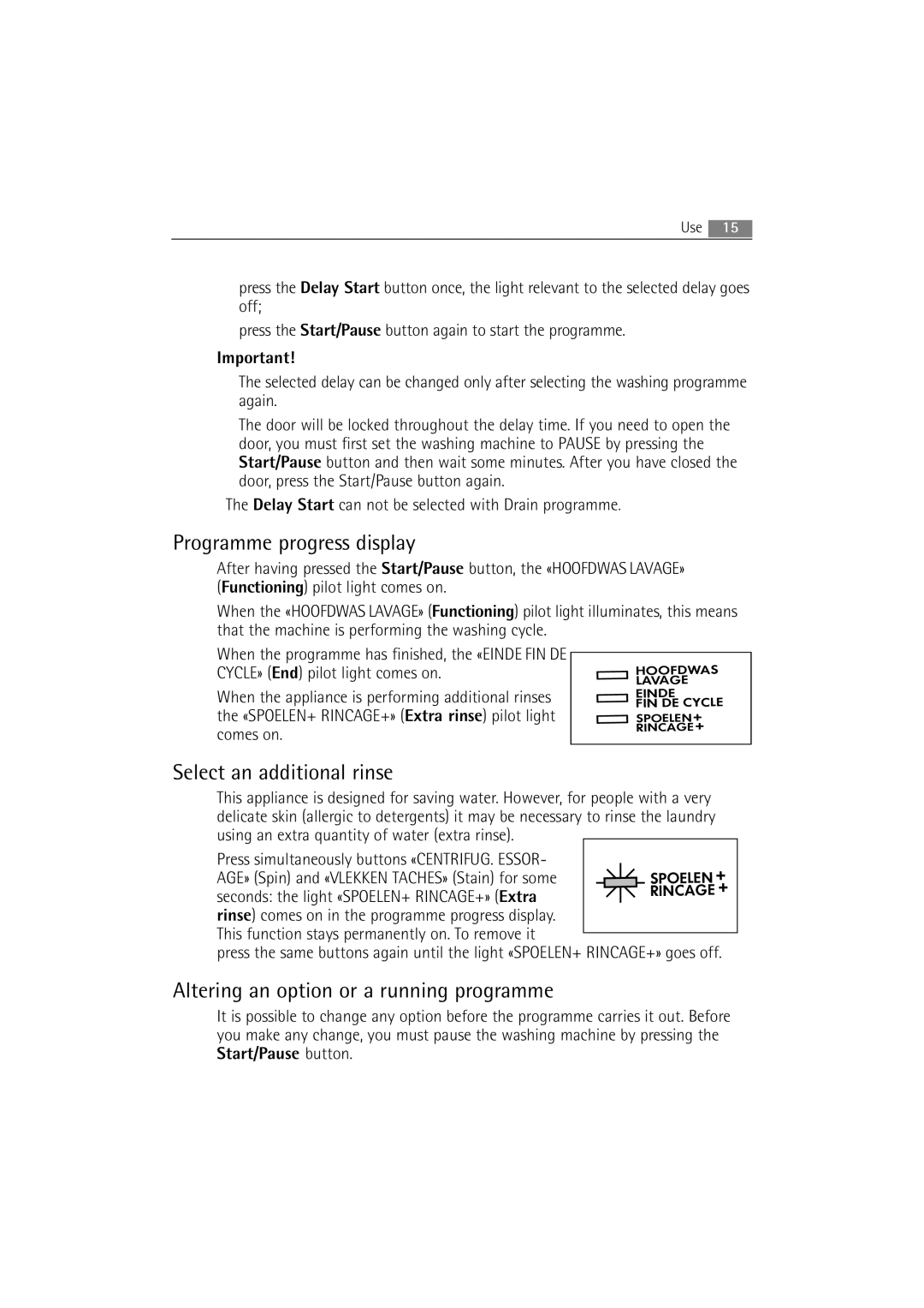 AEG 54840 manual Programme progress display, Select an additional rinse, Altering an option or a running programme 