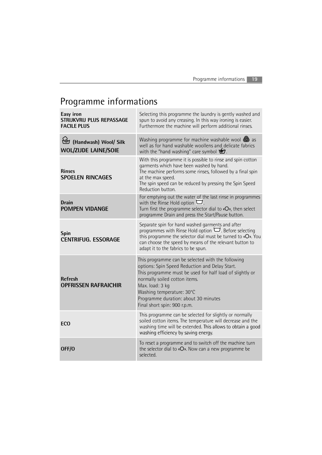 AEG 54840 manual Programme informations, Opfrissen Rafraichir 