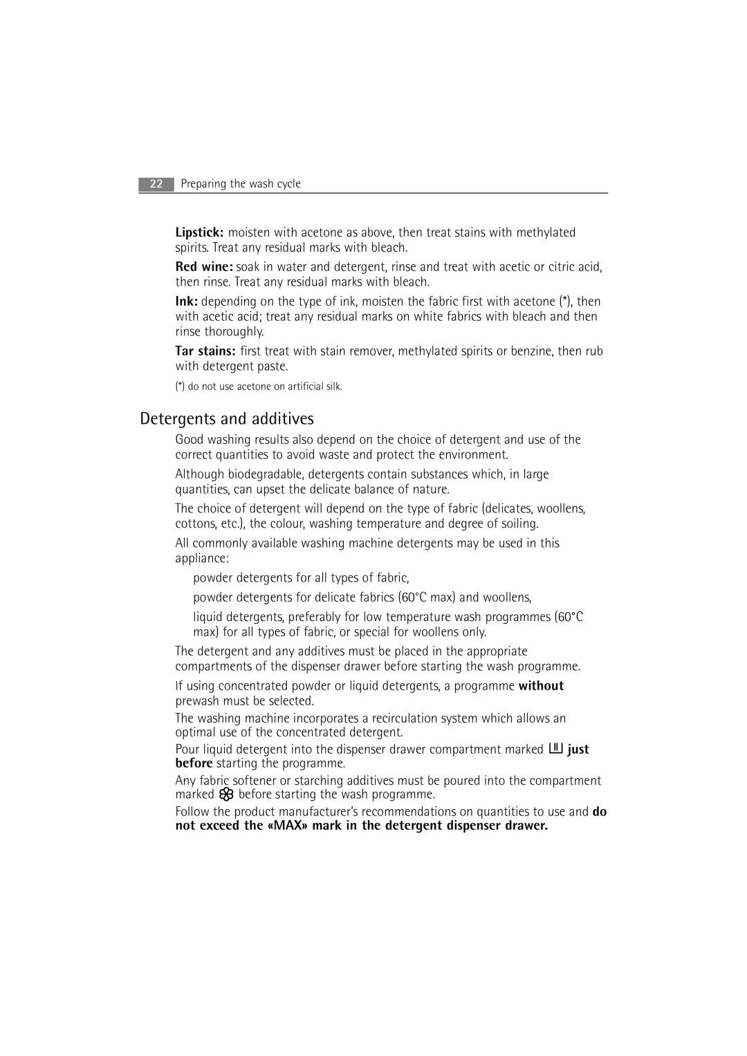 AEG 54840 manual Detergents and additives, Marked before starting the wash programme 