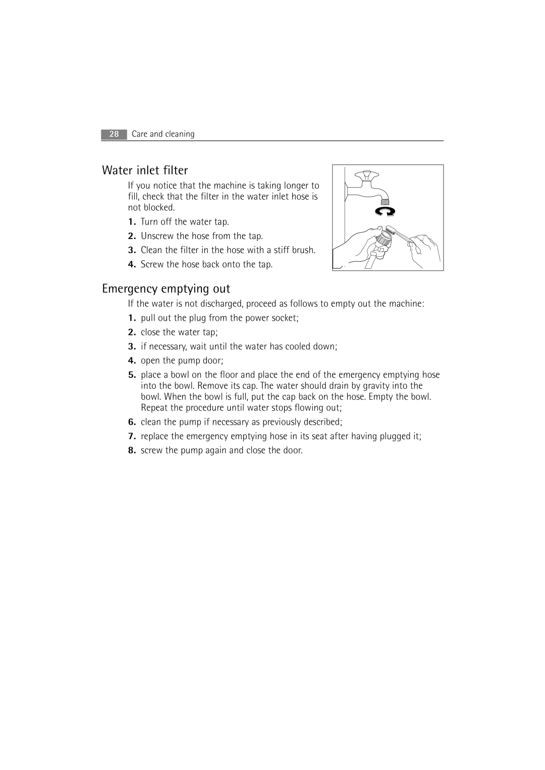 AEG 54840 manual Water inlet filter, Emergency emptying out 