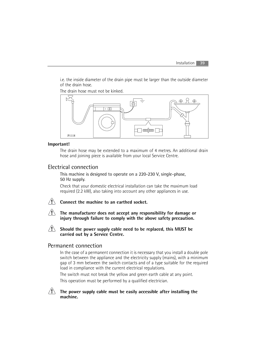 AEG 54840 manual Electrical connection, Permanent connection, Connect the machine to an earthed socket 