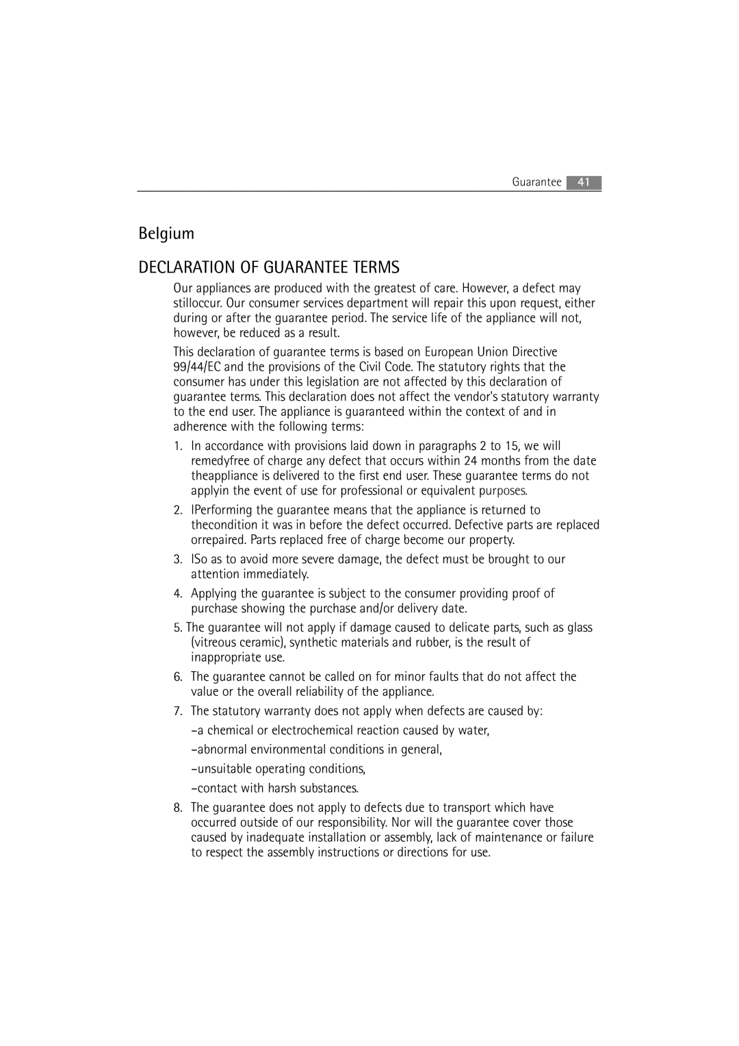 AEG 54840 manual Belgium, Declaration of Guarantee Terms 