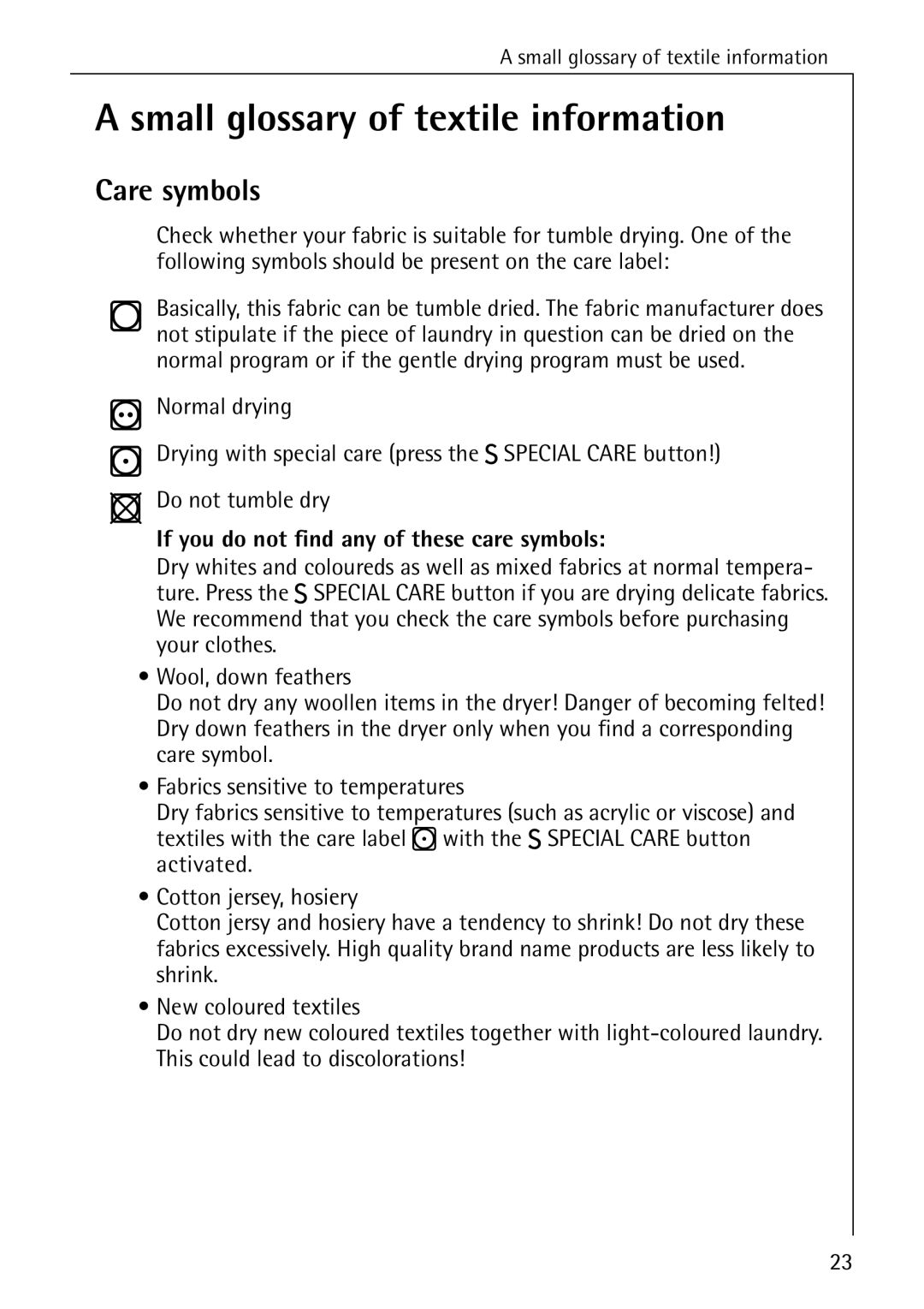 AEG 56609 operating instructions Small glossary of textile information, Care symbols 