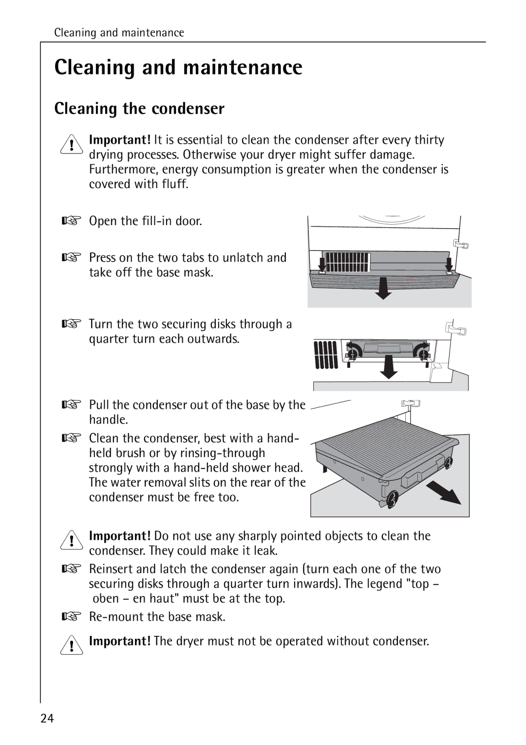 AEG 56609 operating instructions Cleaning and maintenance, Cleaning the condenser 