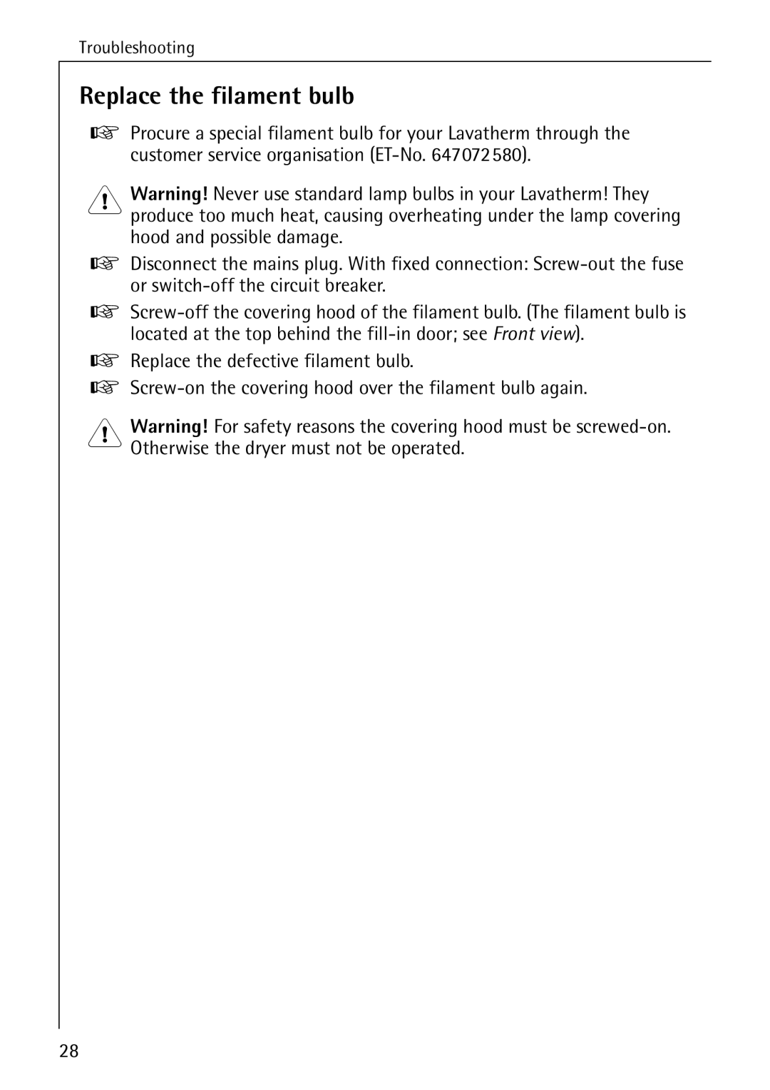 AEG 56609 operating instructions Replace the filament bulb 