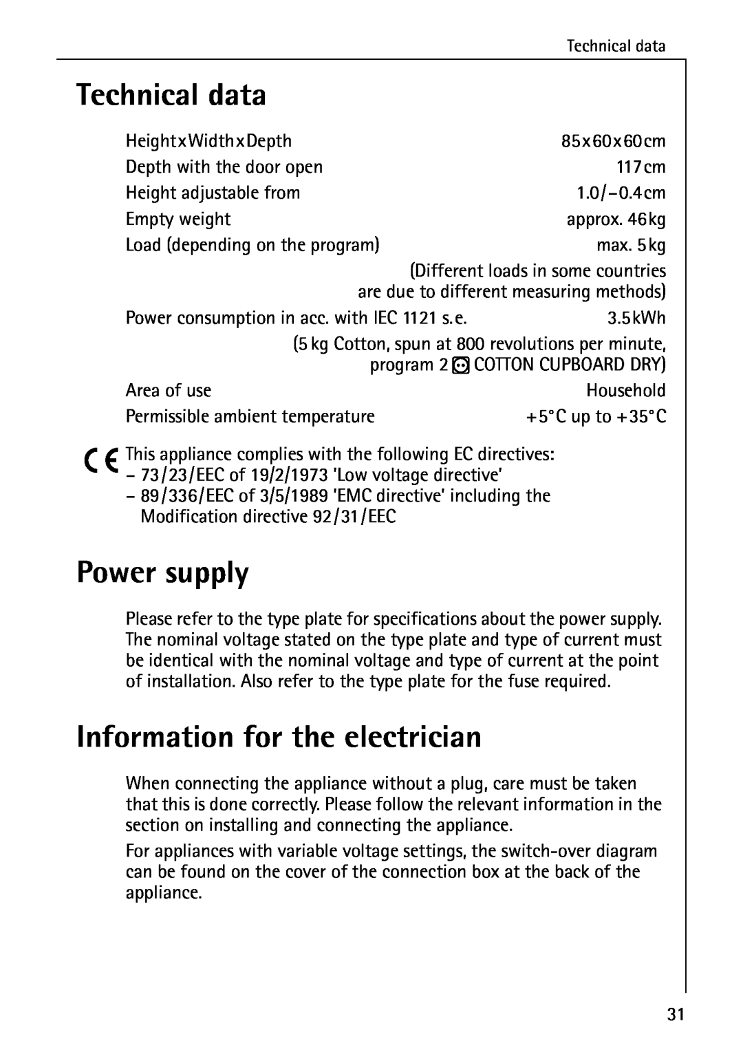 AEG 56609 operating instructions Technical data, Power supply, Information for the electrician 