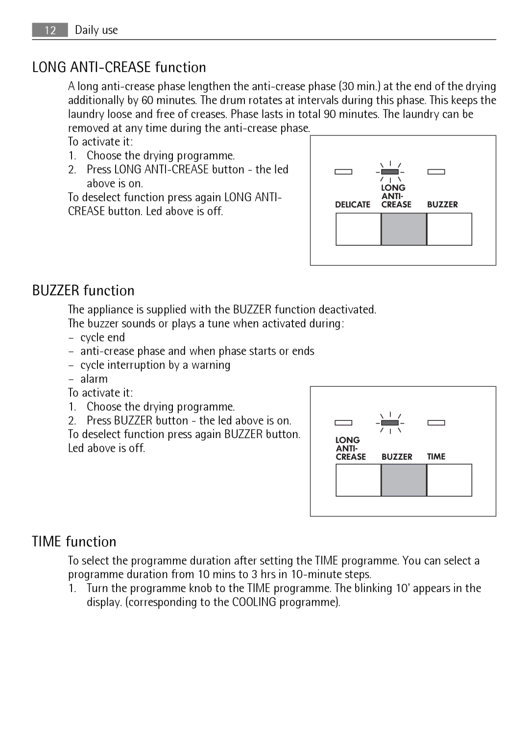 AEG 56740 user manual Long ANTI-CREASE function, Buzzer function, Time function 