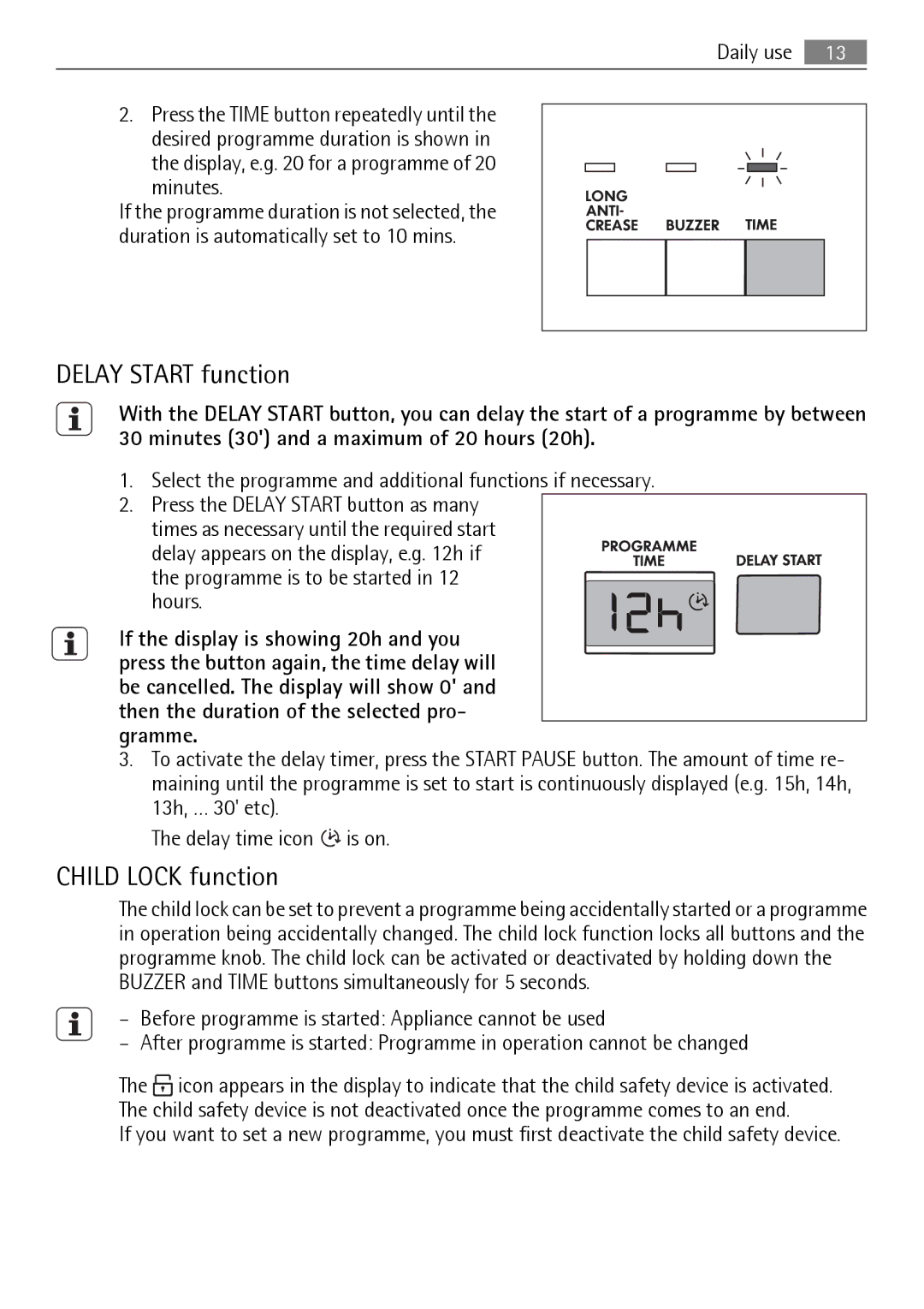 AEG 56740 user manual Delay Start function, Child Lock function, Select the programme and additional functions if necessary 