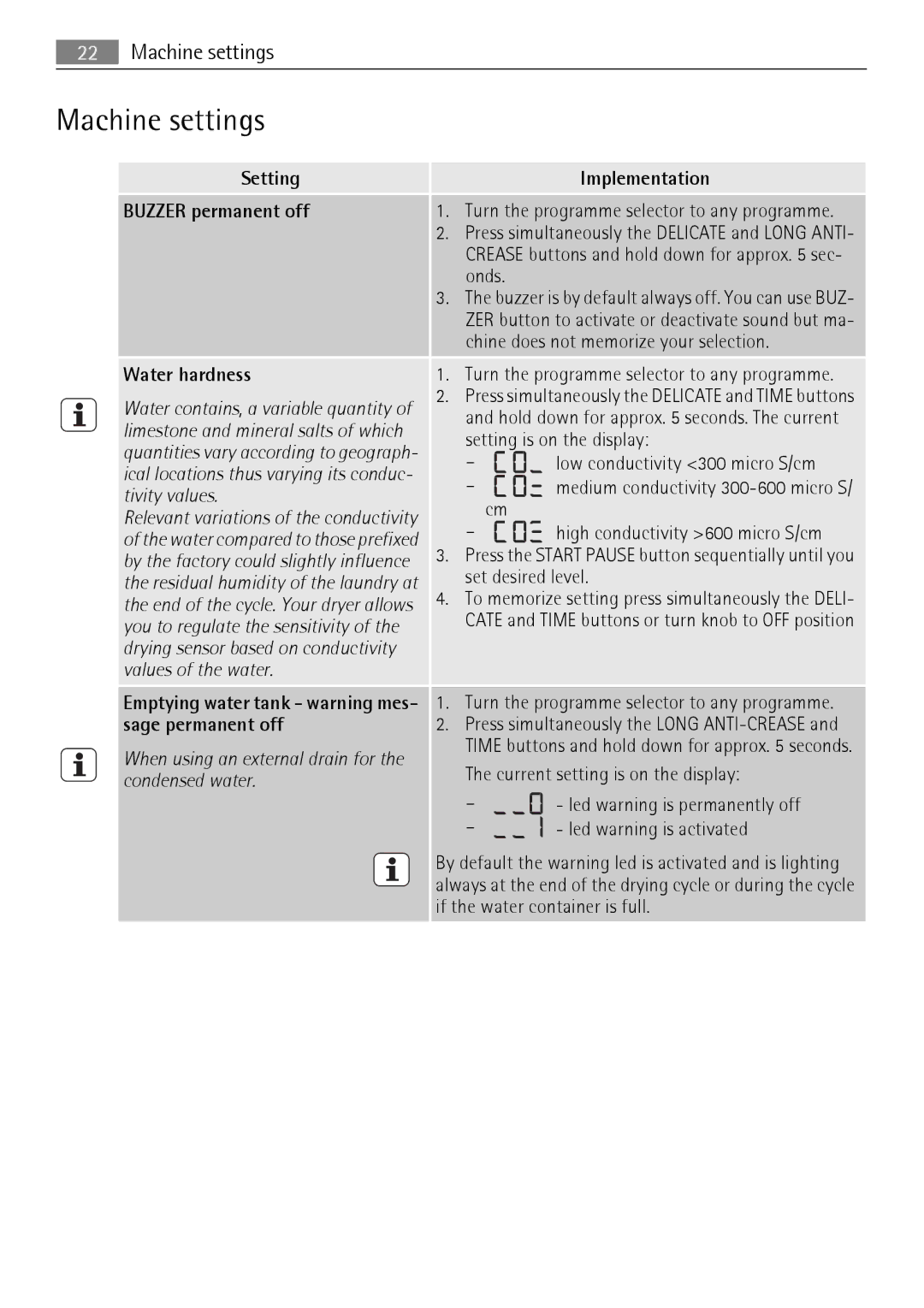 AEG 56740 user manual Machine settings 