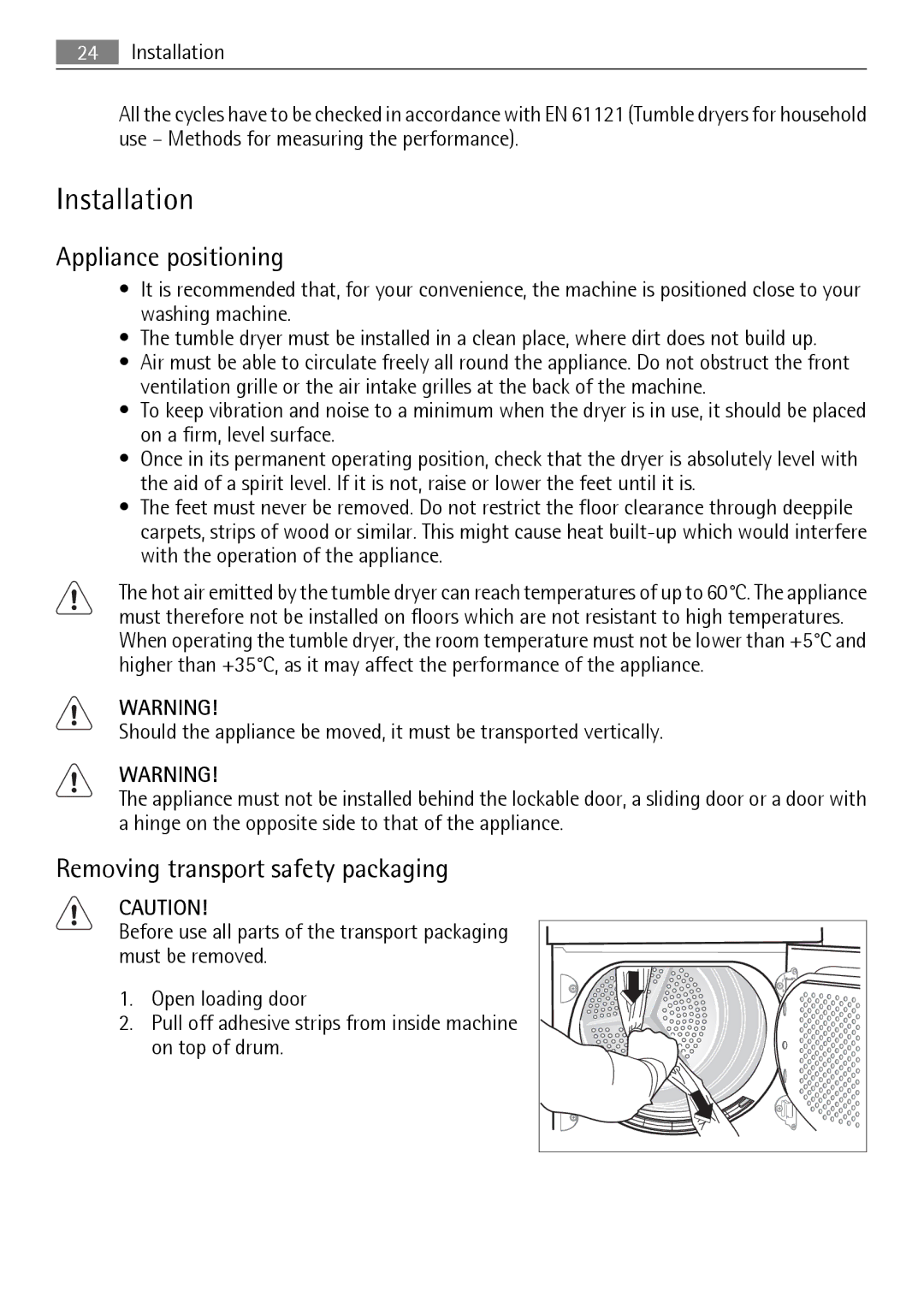 AEG 56740 user manual Installation, Appliance positioning, Removing transport safety packaging 