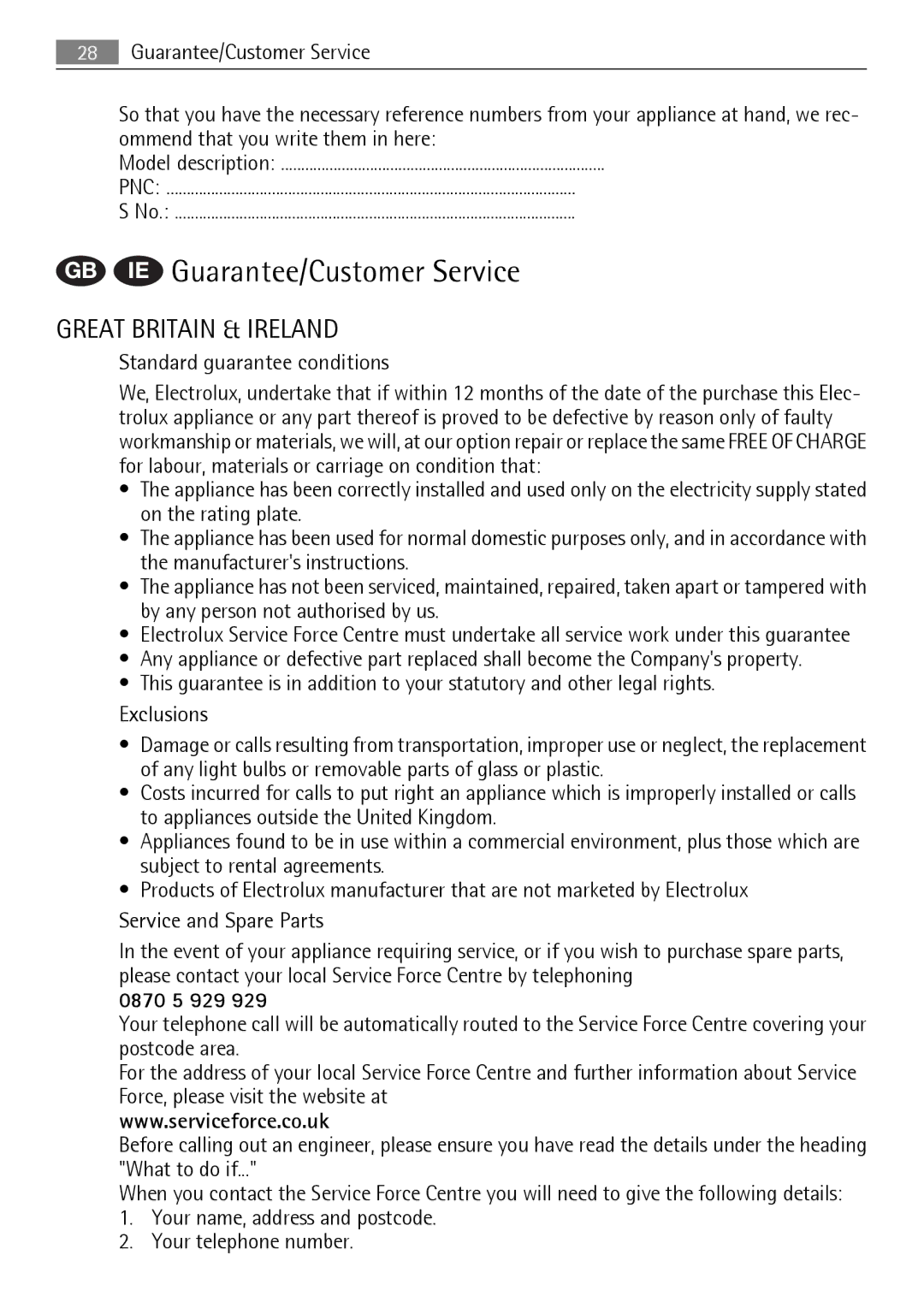 AEG 56740 user manual GB IE Guarantee/Customer Service, 0870 5 929 