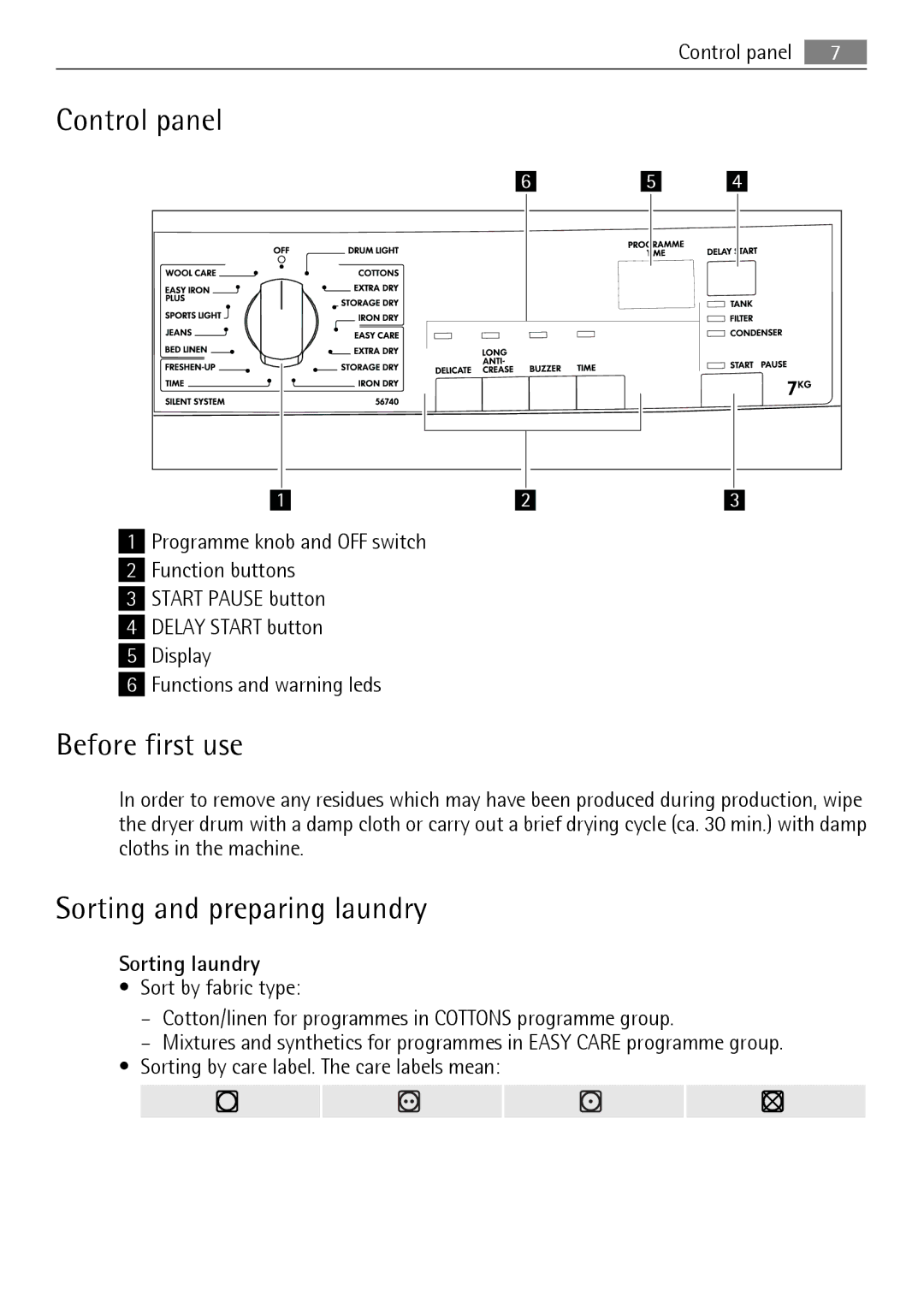 AEG 56740 user manual Control panel, Before first use, Sorting and preparing laundry, Sorting laundry 